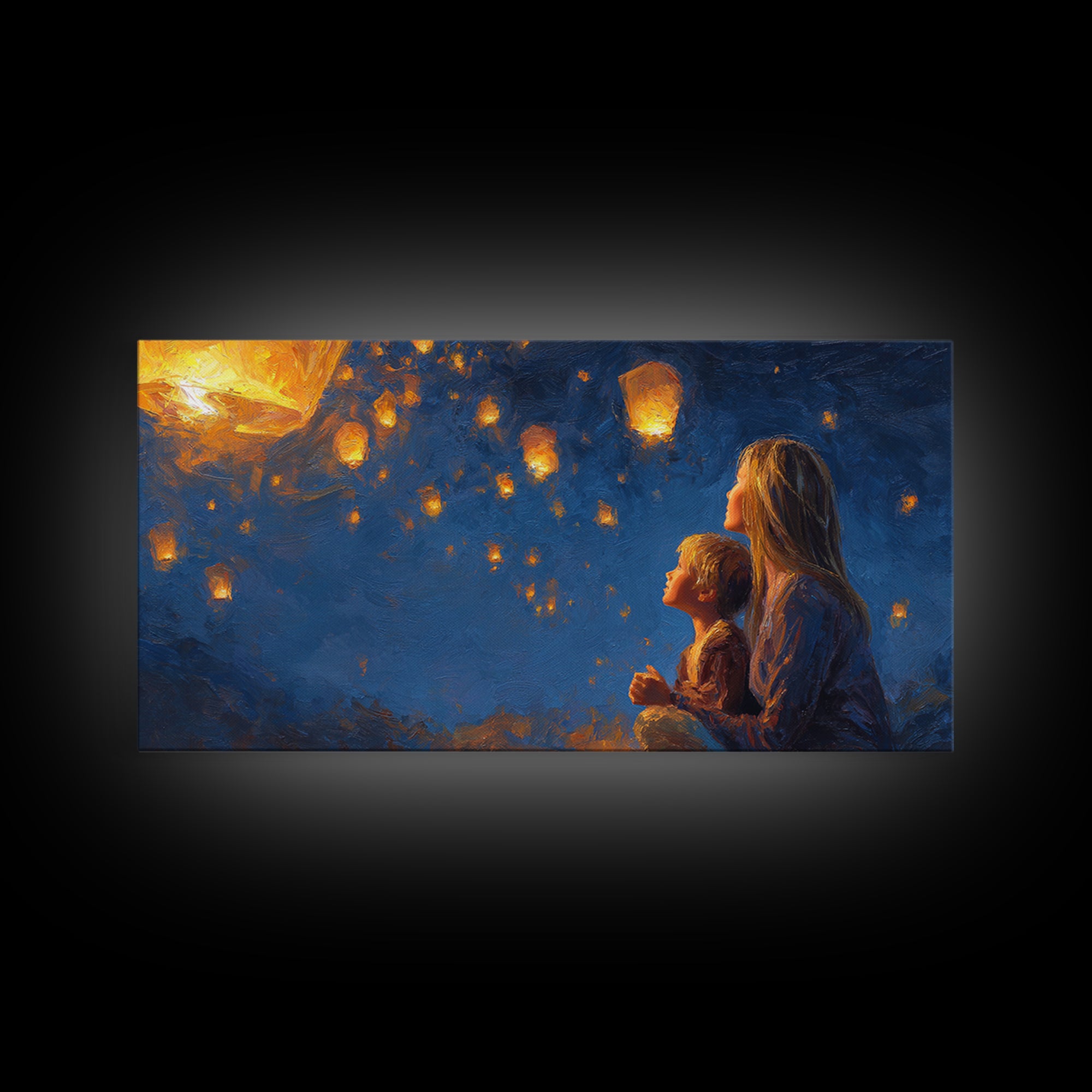 Mother And Child Lantern Night Wall Art, Angelic Family Canvas Print, Celestial Nursery Decor, Gift For Mom, Housewarming Gift