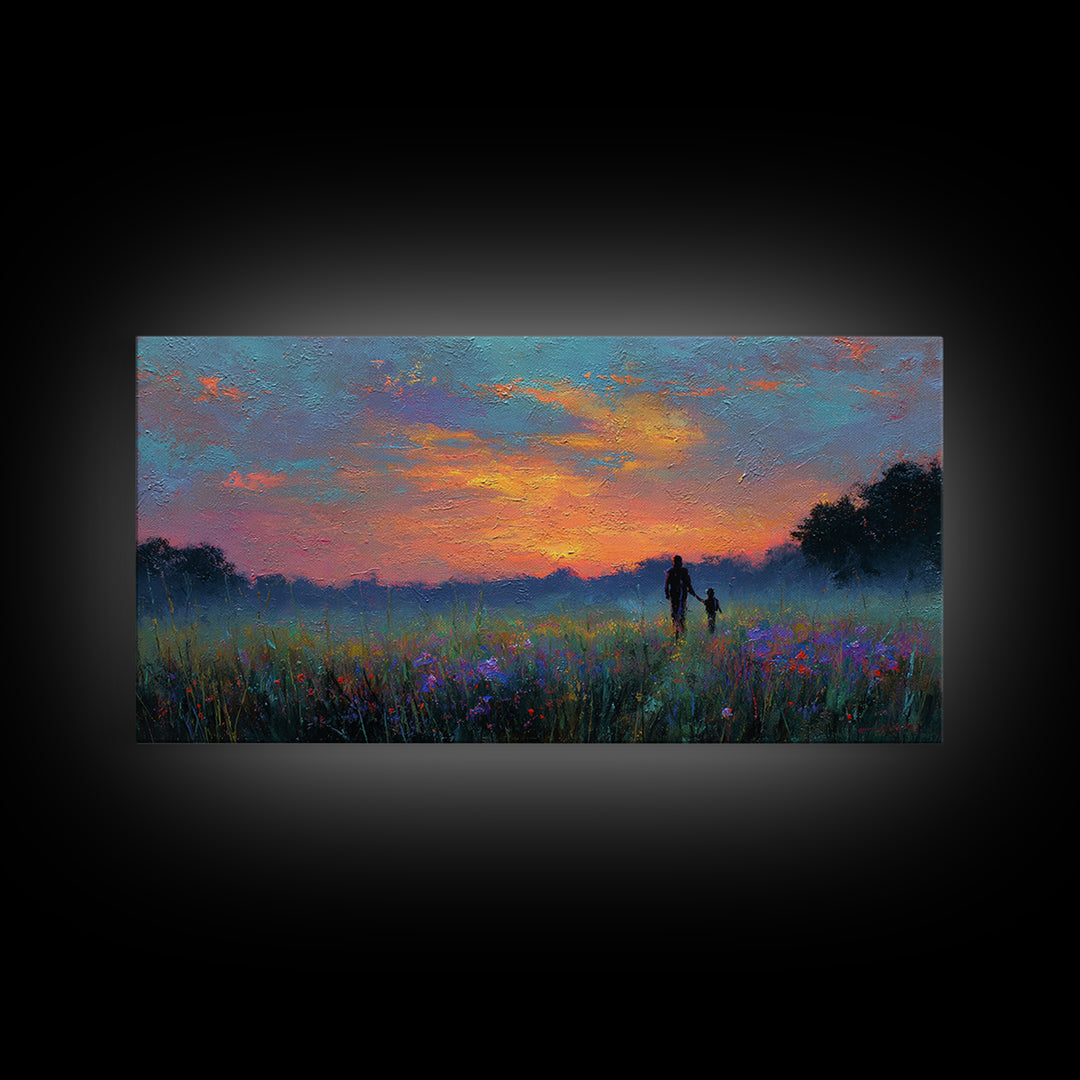 Sunset Meadow Silhouette Framed Canvas Print, Colorful Landscape Wall Art, Mother Child Decor, Living Room Art, Housewarming Gift