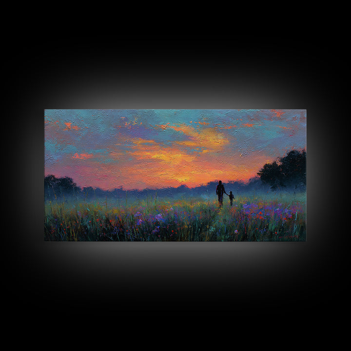 Sunset Meadow Silhouette Framed Canvas Print, Colorful Landscape Wall Art, Mother Child Decor, Living Room Art, Housewarming Gift