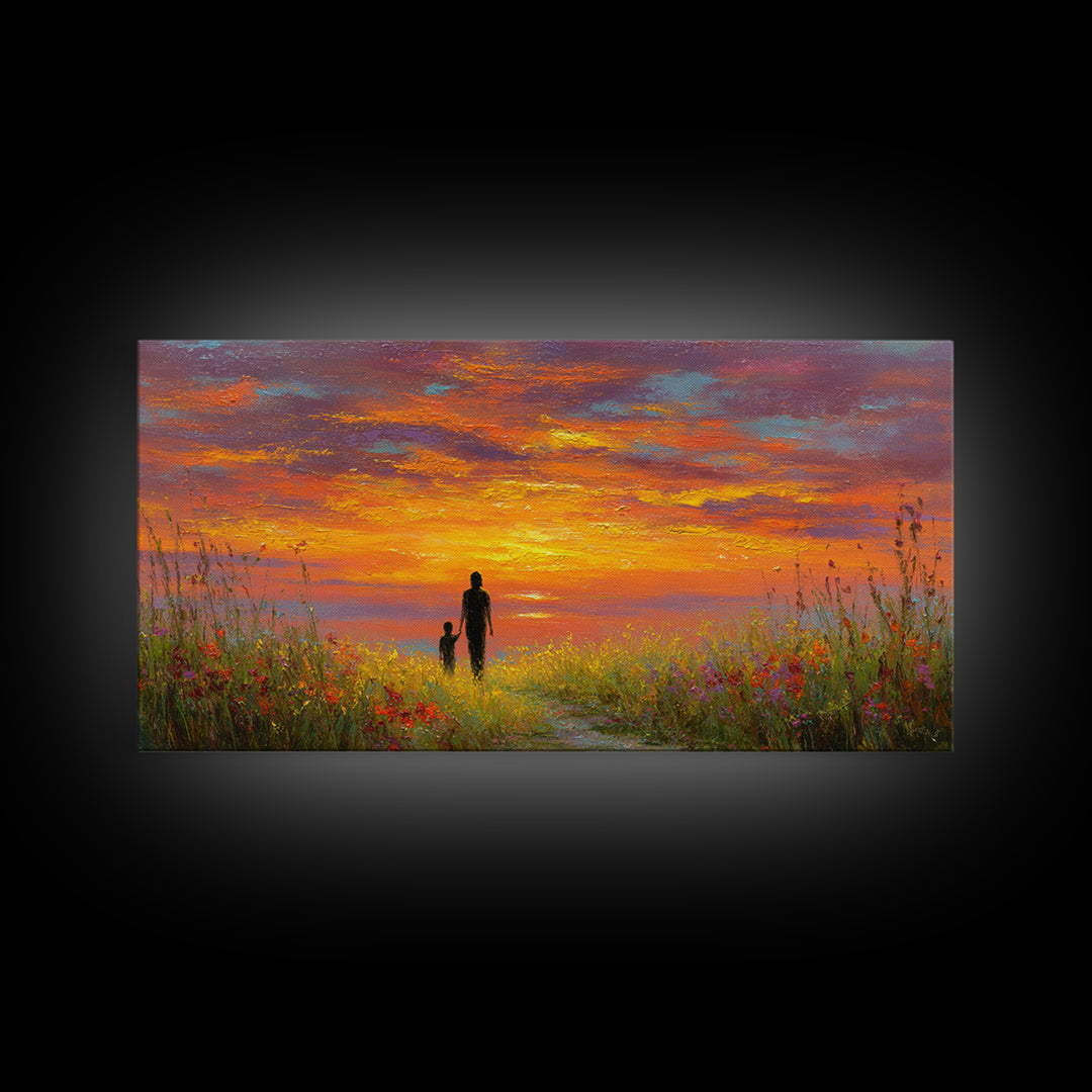 Parent And Child Sunset Path Canvas Print, Colorful Landscape Wall Art, Family Gift, Living Room Decor, Housewarming Gift
