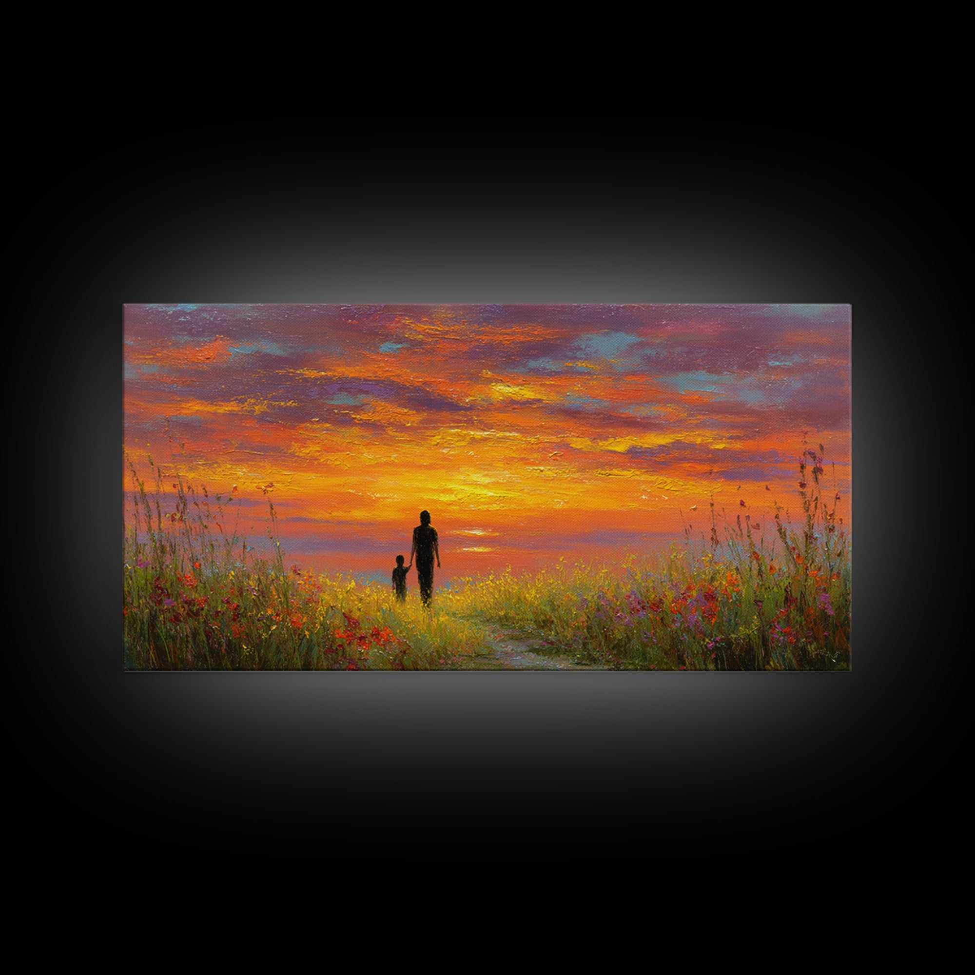 Parent And Child Sunset Path Canvas Print, Colorful Landscape Wall Art, Family Gift, Living Room Decor, Housewarming Gift