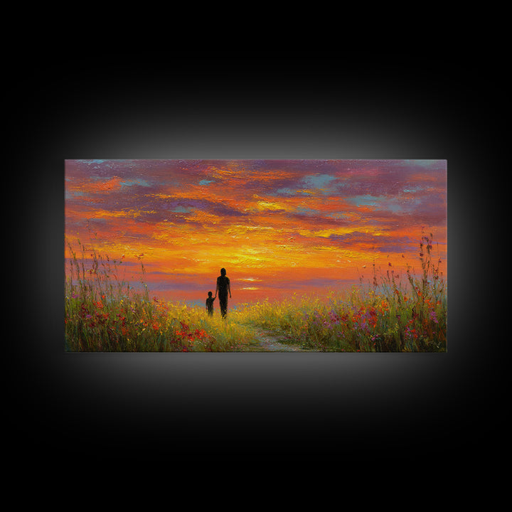 Parent And Child Sunset Path Canvas Print, Colorful Landscape Wall Art, Family Gift, Living Room Decor, Housewarming Gift