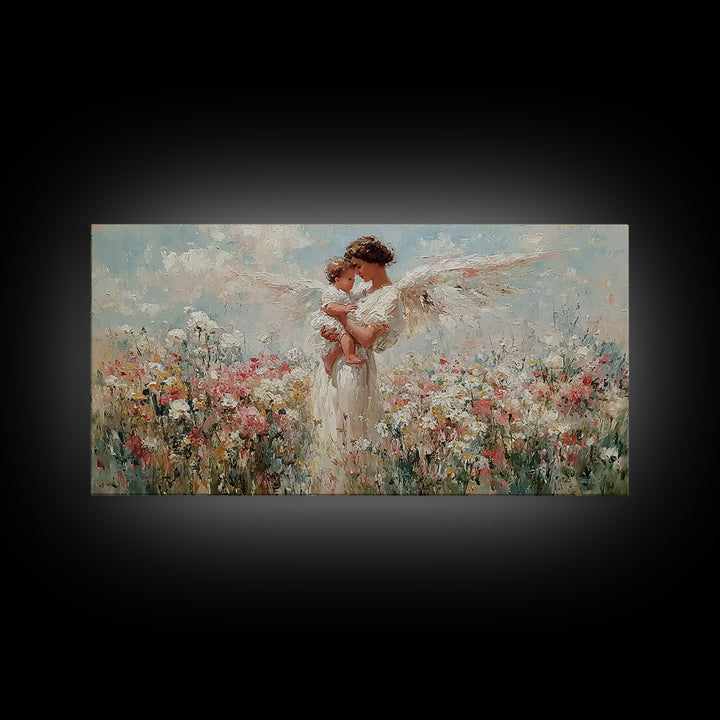 Angel Mother Holding Baby Wall Art, White Wings Wildflower Canvas Print, Spiritual Nursery Decor, Gift For Mom, Christian Wall Art