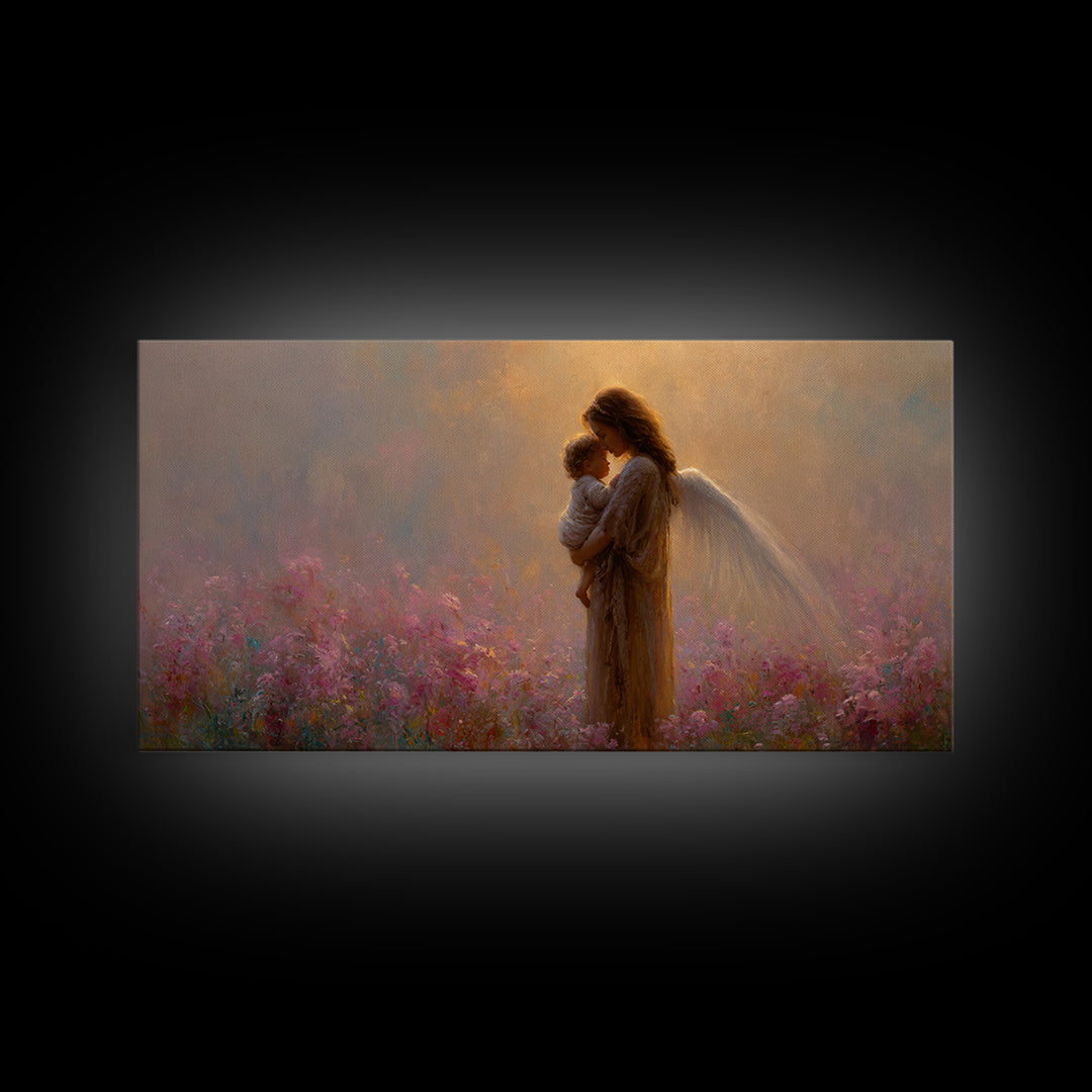 Angel Mother And Child Pink Garden Canvas Print, Ethereal Christian Wall Art, Spiritual Nursery Decor, Gift For Mom, Gift For Her