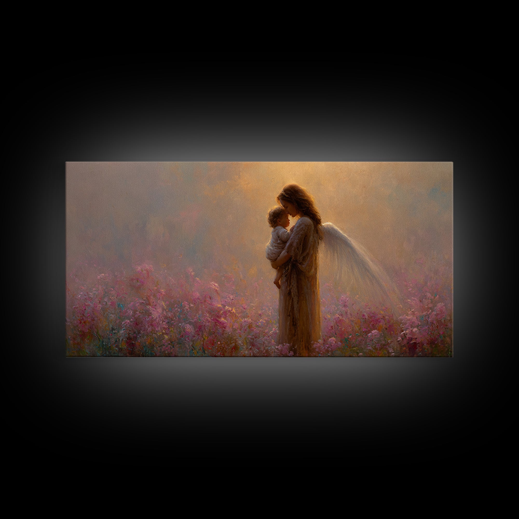 Angel Mother And Child Pink Garden Canvas Print, Ethereal Christian Wall Art, Spiritual Nursery Decor, Gift For Mom, Gift For Her