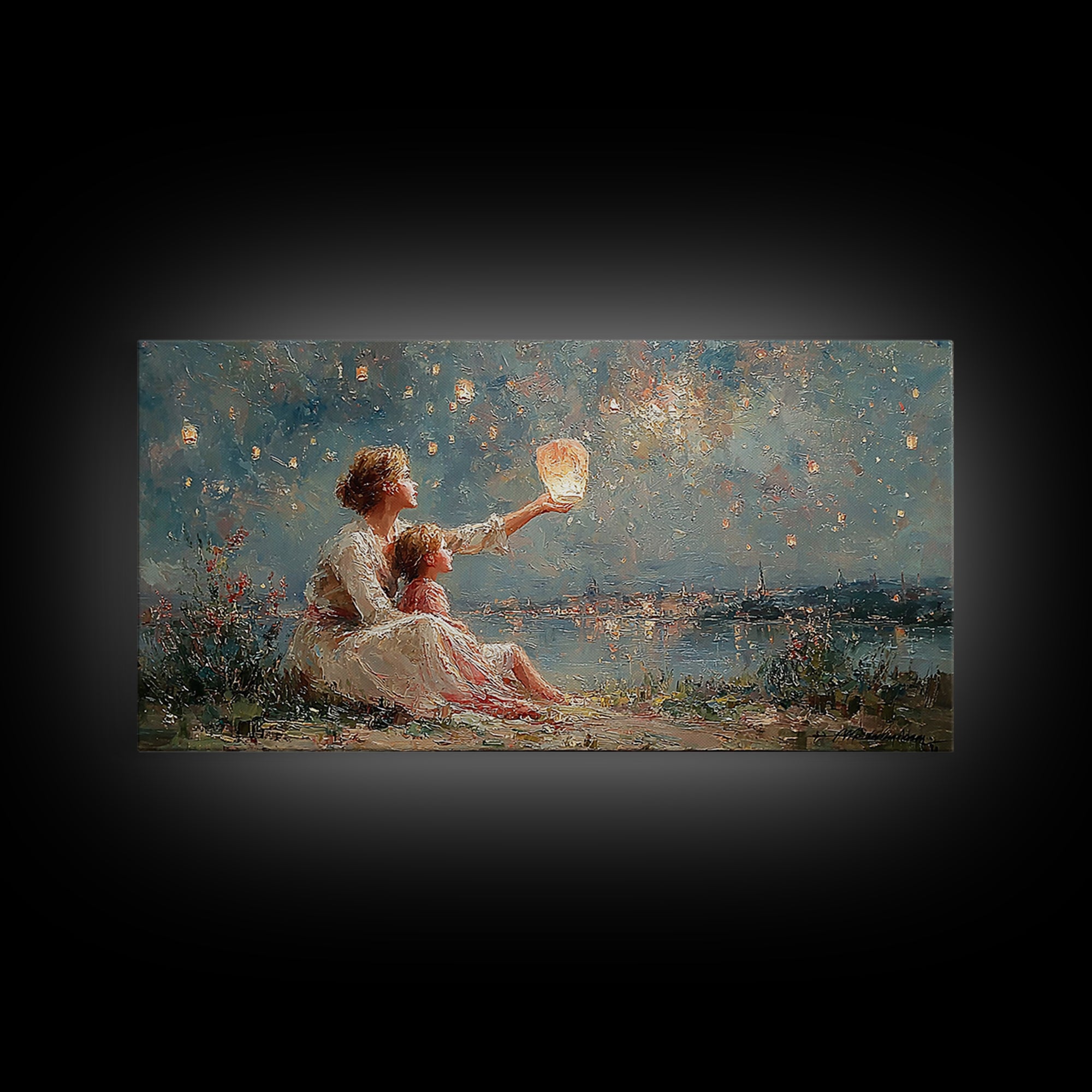 Mother And Child With Lantern By Moonlit Lake Framed Canvas Print, Impressionist Wall Art For Nursery And Coastal Decor Gift