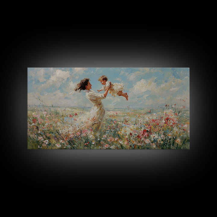 Mother Lifting Baby In Breezy Flower Field Canvas Print, Impressionist Wall Art For Nursery, Bedroom Decor, And Gift For Her