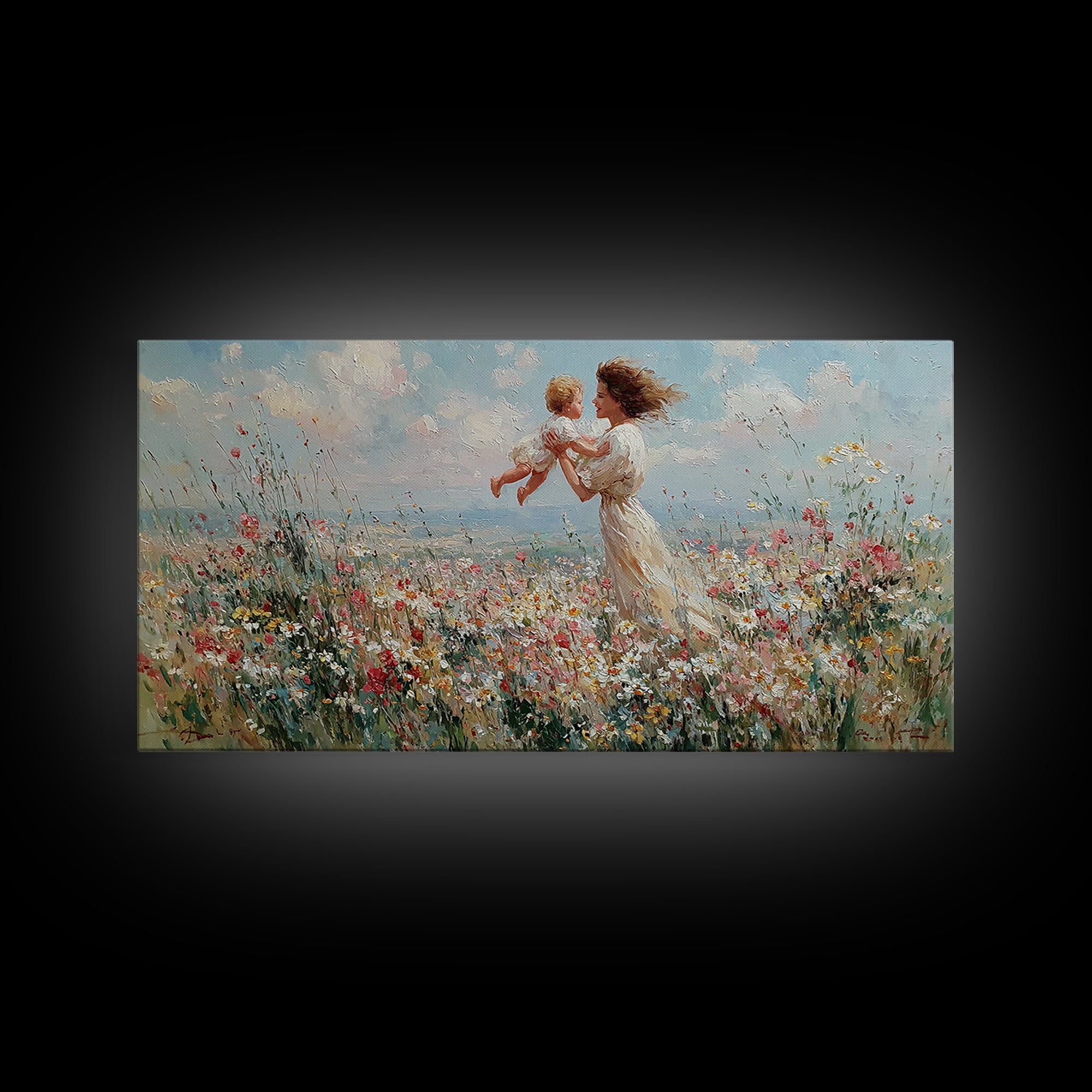 Mother Holding Baby In Seaside Wildflower Meadow Wall Art, Coastal Canvas Print For Nursery Decor And Mothers Day Gift For Her