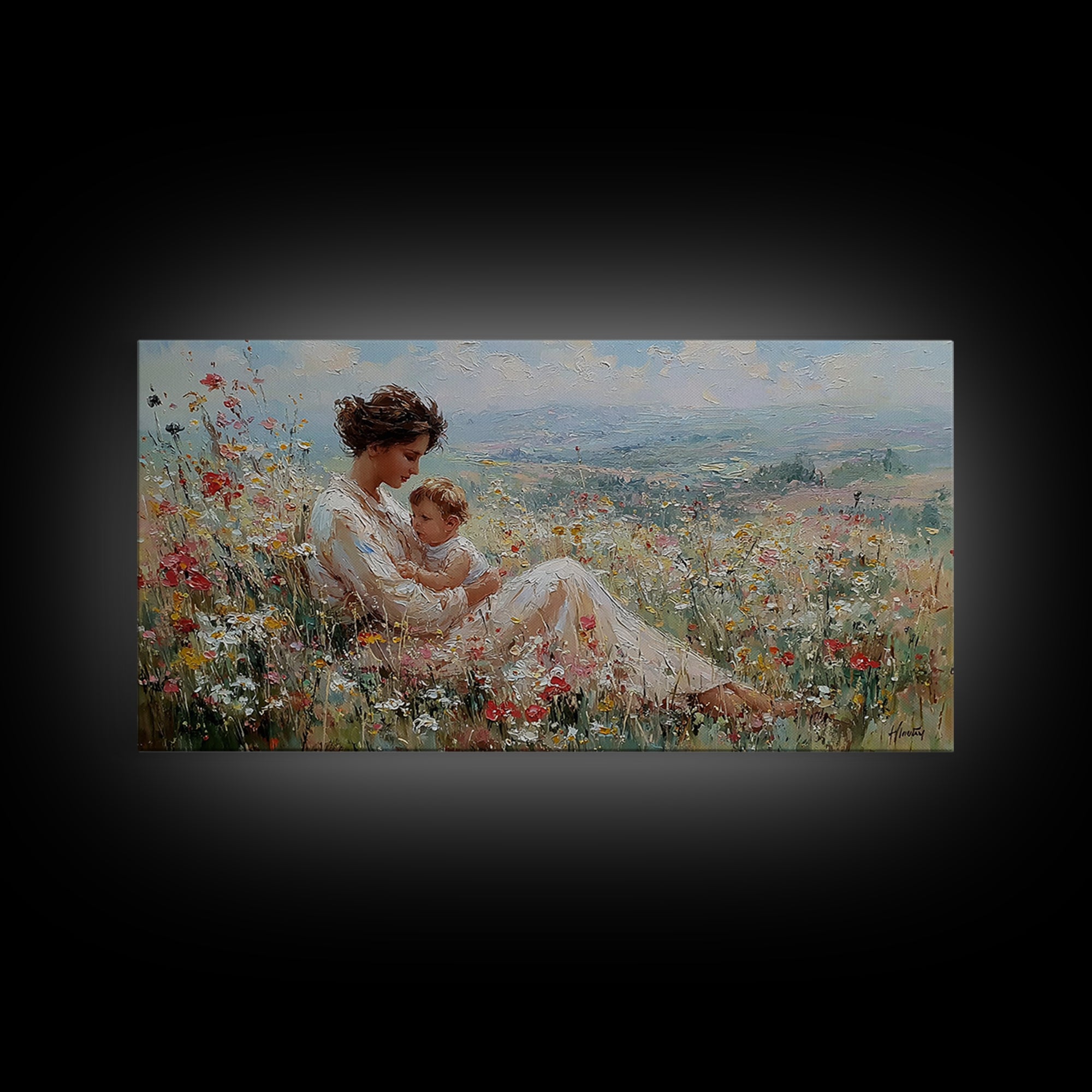 Nursing Mother With Baby In Sunlit Flower Meadow Wall Art, Impressionist Canvas Print For Nursery Decor And Housewarming Gift