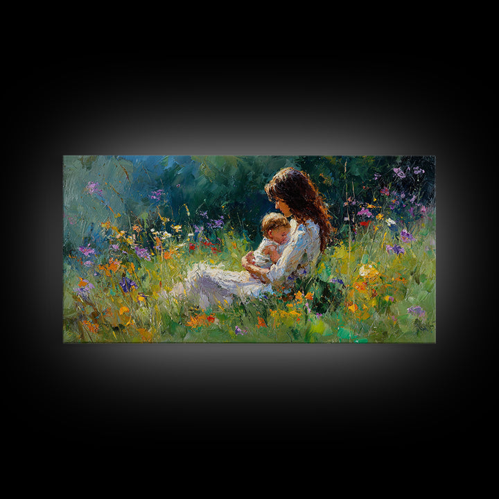 Mother Nursing Baby In Shaded Garden Wildflowers Canvas Print, Impressionist Wall Art For Nursery Decor And Nature Lover Gift