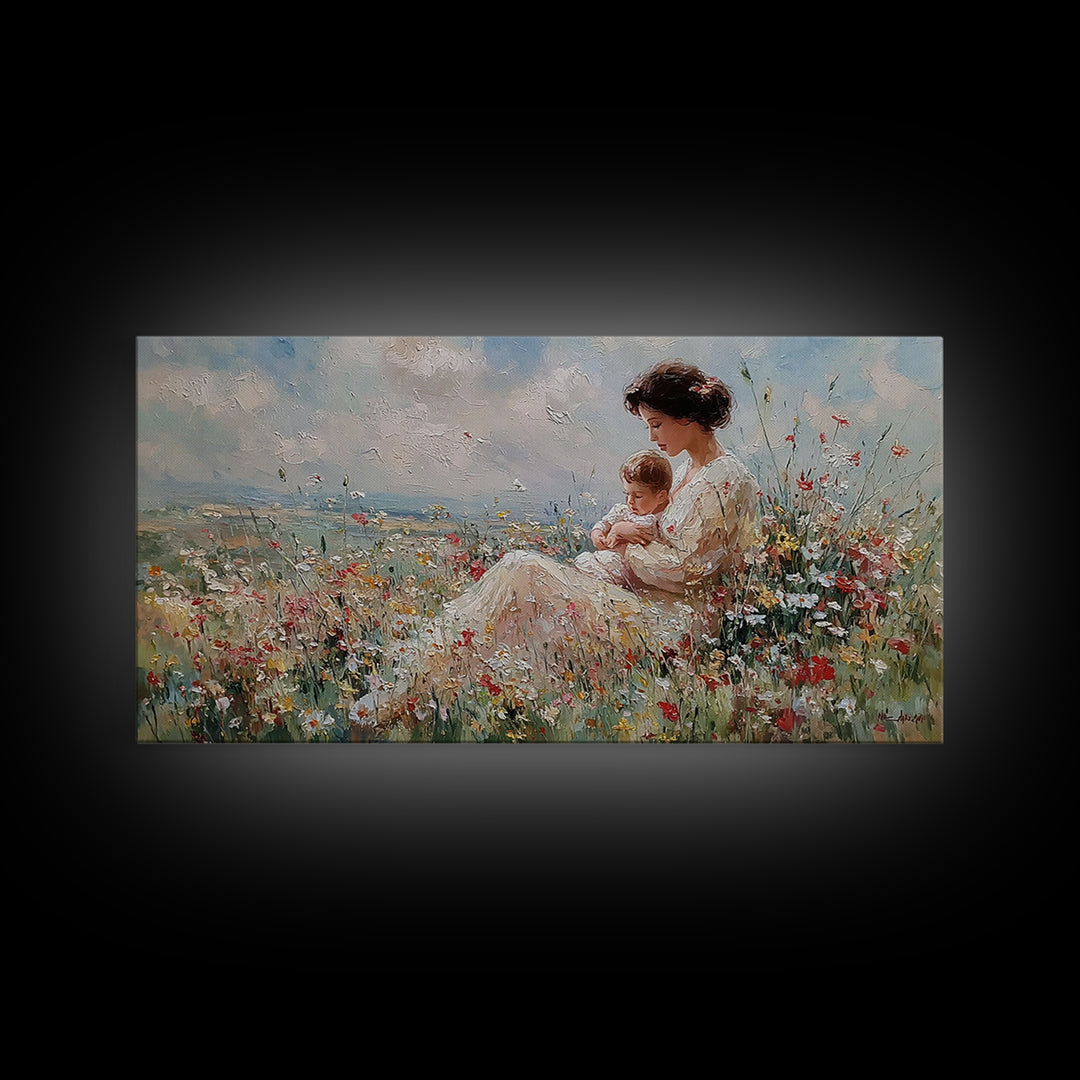 Seated Mother Nursing Baby In Meadow Wildflowers Framed Canvas Print, Impressionist Wall Art For Nursery And Bedroom Decor