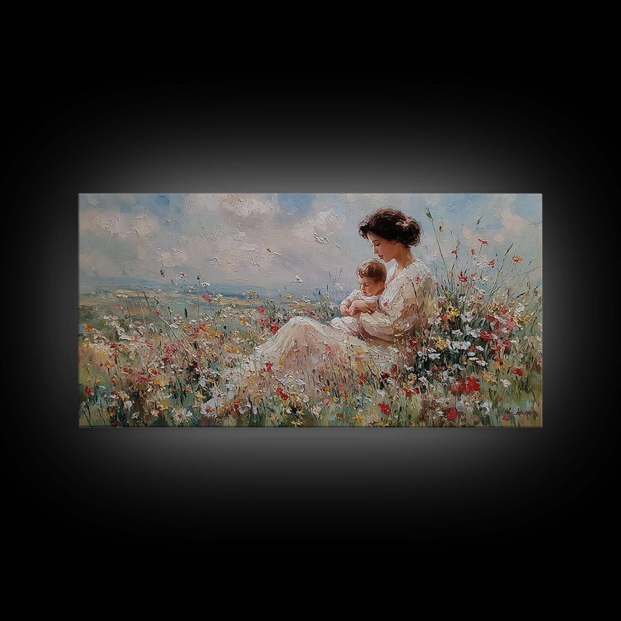 Seated Mother Nursing Baby In Meadow Wildflowers Framed Canvas Print, Impressionist Wall Art For Nursery And Bedroom Decor