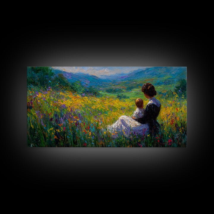 Mother And Child In Wildflower Mountain Meadow Wall Art, Impressionist Landscape, Nursery Decor, Gift For Mom, Living Room Decor