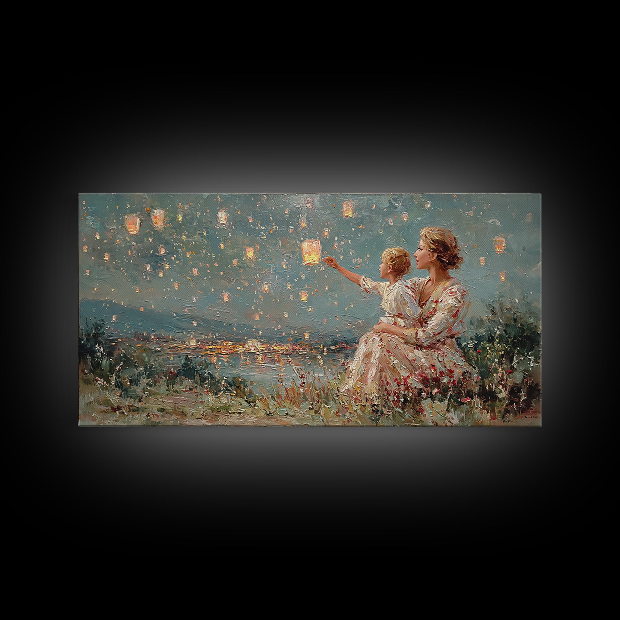 Mother And Child Sky Lanterns Over Lake Wall Art, Dreamy Night Landscape, Romantic Decor, Gift For Mom, Bedroom Wall Art