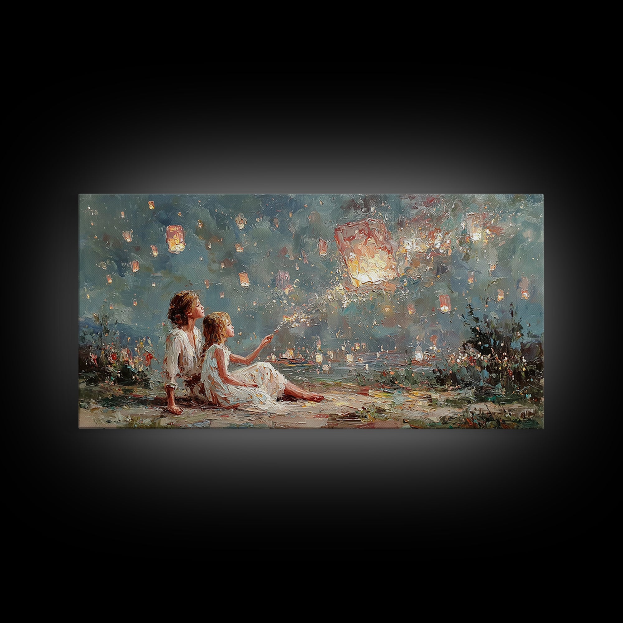 Children Launching Glowing Sky Lanterns Canvas Print, Magical Lake Wall Art, Whimsical Decor, Nursery Art, Gift For Her, Bedroom Decor