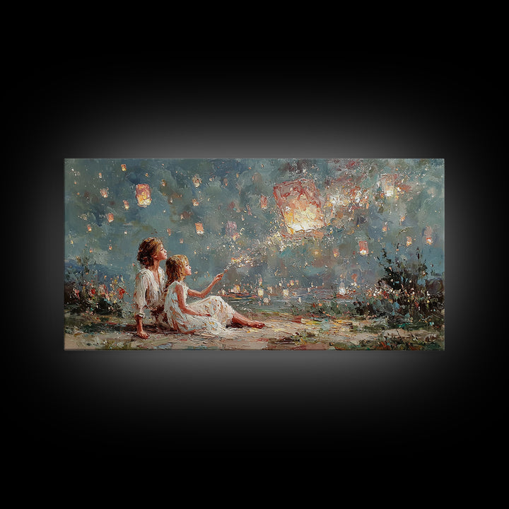 Children Launching Glowing Sky Lanterns Canvas Print, Magical Lake Wall Art, Whimsical Decor, Nursery Art, Gift For Her, Bedroom Decor