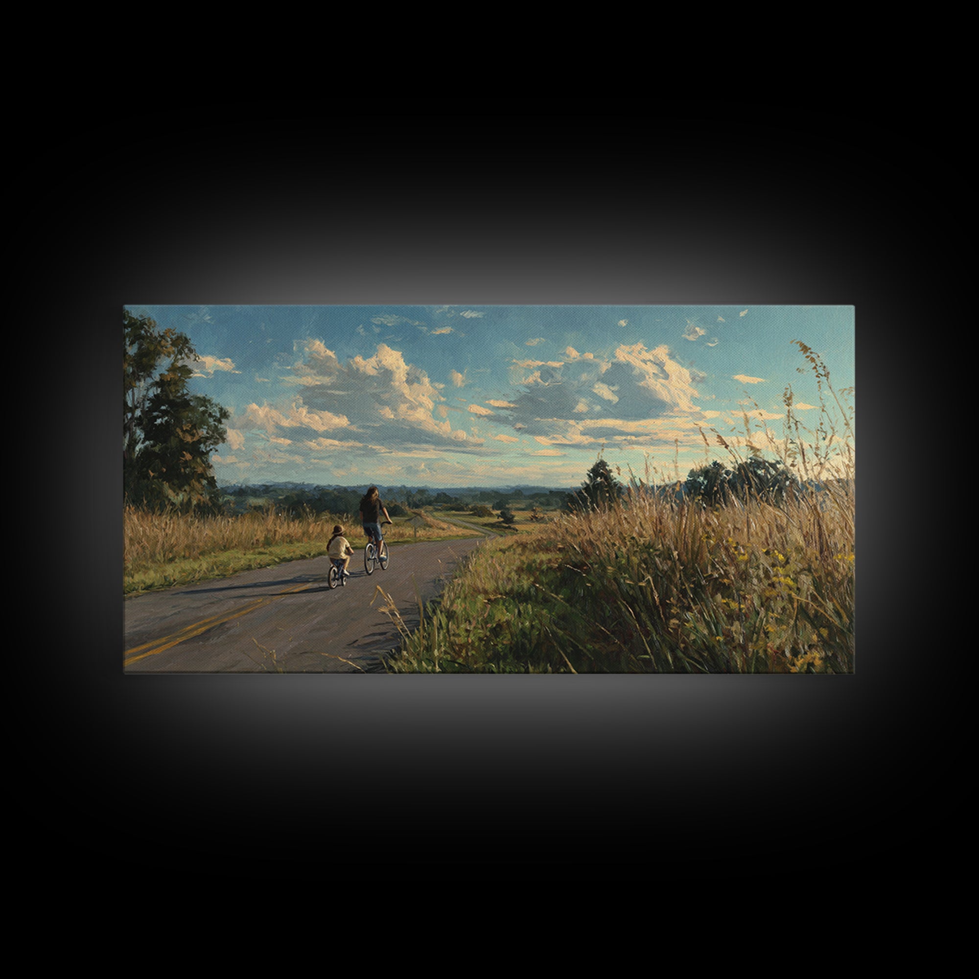 Country Road Bike Ride With Child, Golden Meadow Landscape Wall Art, Family Home Decor, Living Room Art, Housewarming Gift