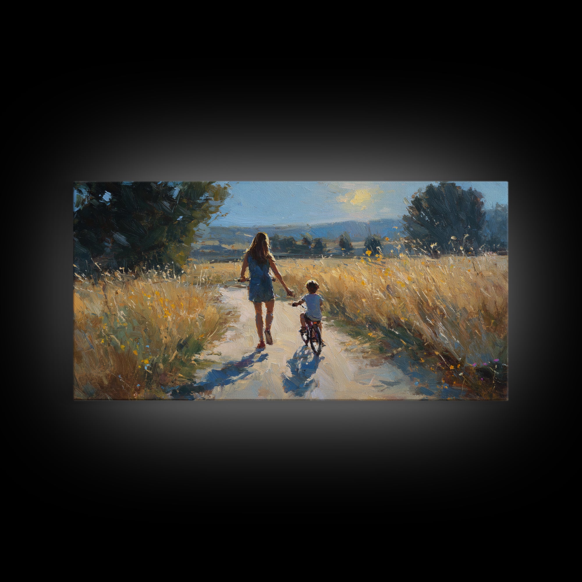 Mother Walking Child With Bicycle Through Golden Fields Canvas Print, Country Landscape Wall Art, Family Living Room Decor