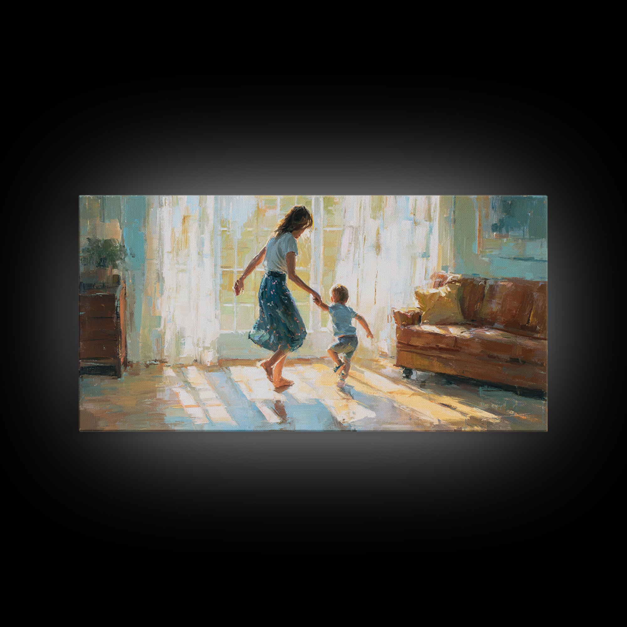 Mother And Toddler Dancing In Sunlit Living Room Canvas Print, Warm Family Wall Art, Cozy Home Decor, Gift For Her, Bedroom Decor