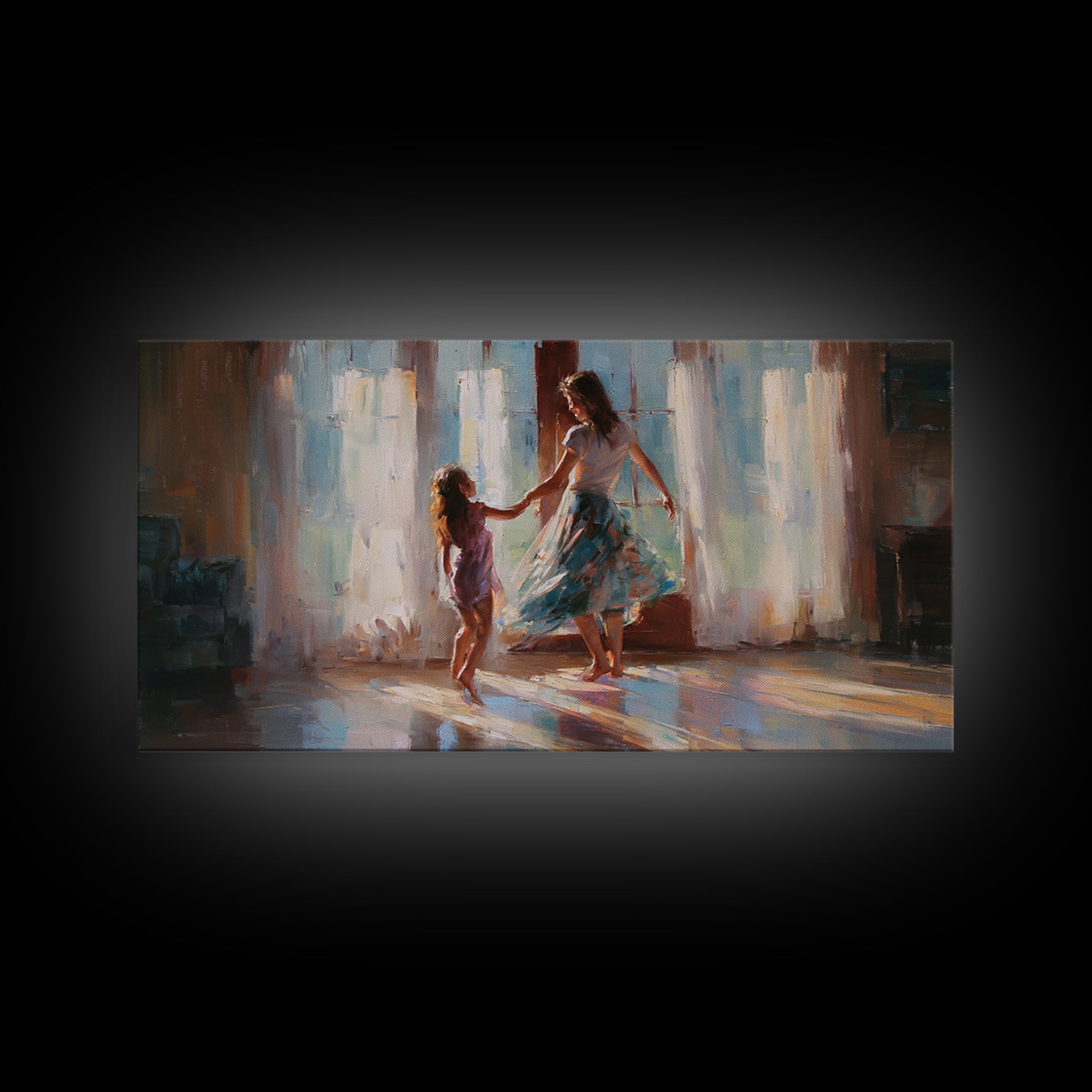 Mother And Daughter Dancing By Bright Windows Framed Canvas Print, Sunlit Family Wall Art, Feminine Home Decor Gift, Living Room Decor
