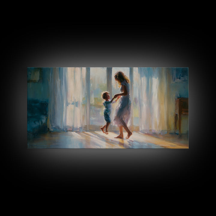 Mother And Child Dancing In Window Light Wall Art, Impressionist Family Painting, Cozy Bedroom Decor, Gift For Her, Living Room Art