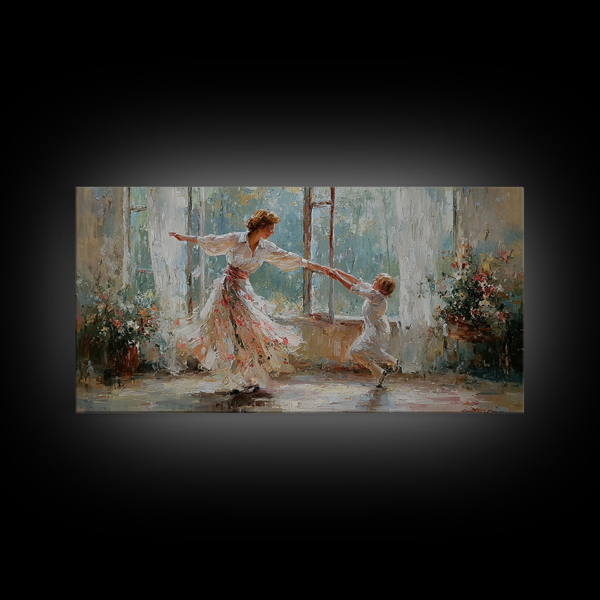 Sunlit Mother And Child Dance Canvas Print, Impressionist Family Wall Art, Nursery Decor, Gift For Mom, Living Room Decor