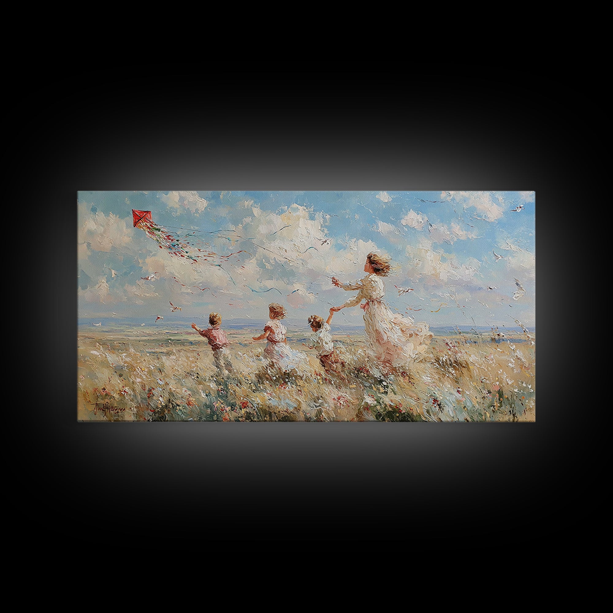 Mother And Children Flying Kite Canvas Print, Coastal Meadow Wall Art, Impressionist Family Decor, Beach House Gift For Mom