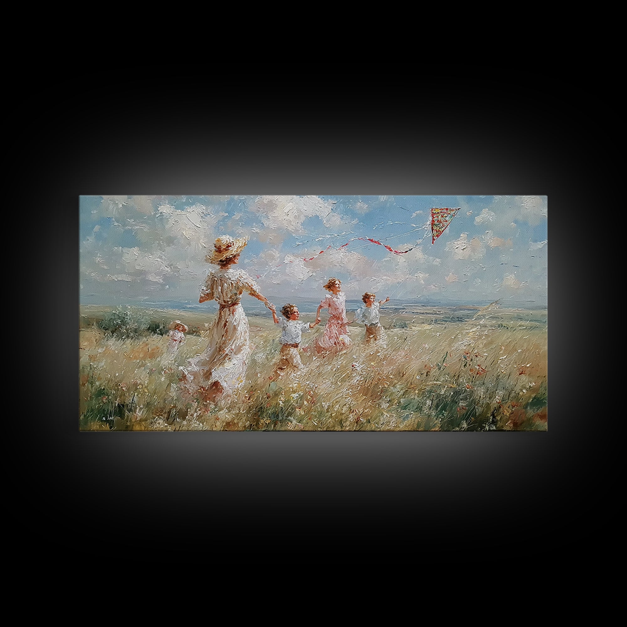 Woman And Children Run With Kite Canvas Print, Windy Meadow Wall Art, Coastal Landscape Art, Nursery Decor, Gift For Mom