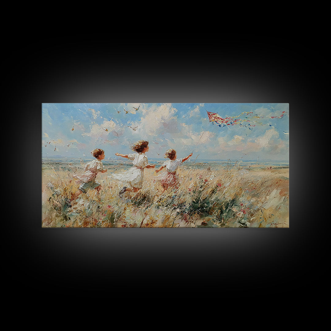 Children Running Through Meadow Canvas Print, Kite Flying Wall Art, Impressionist Landscape, Playroom Decor, Gift For Her