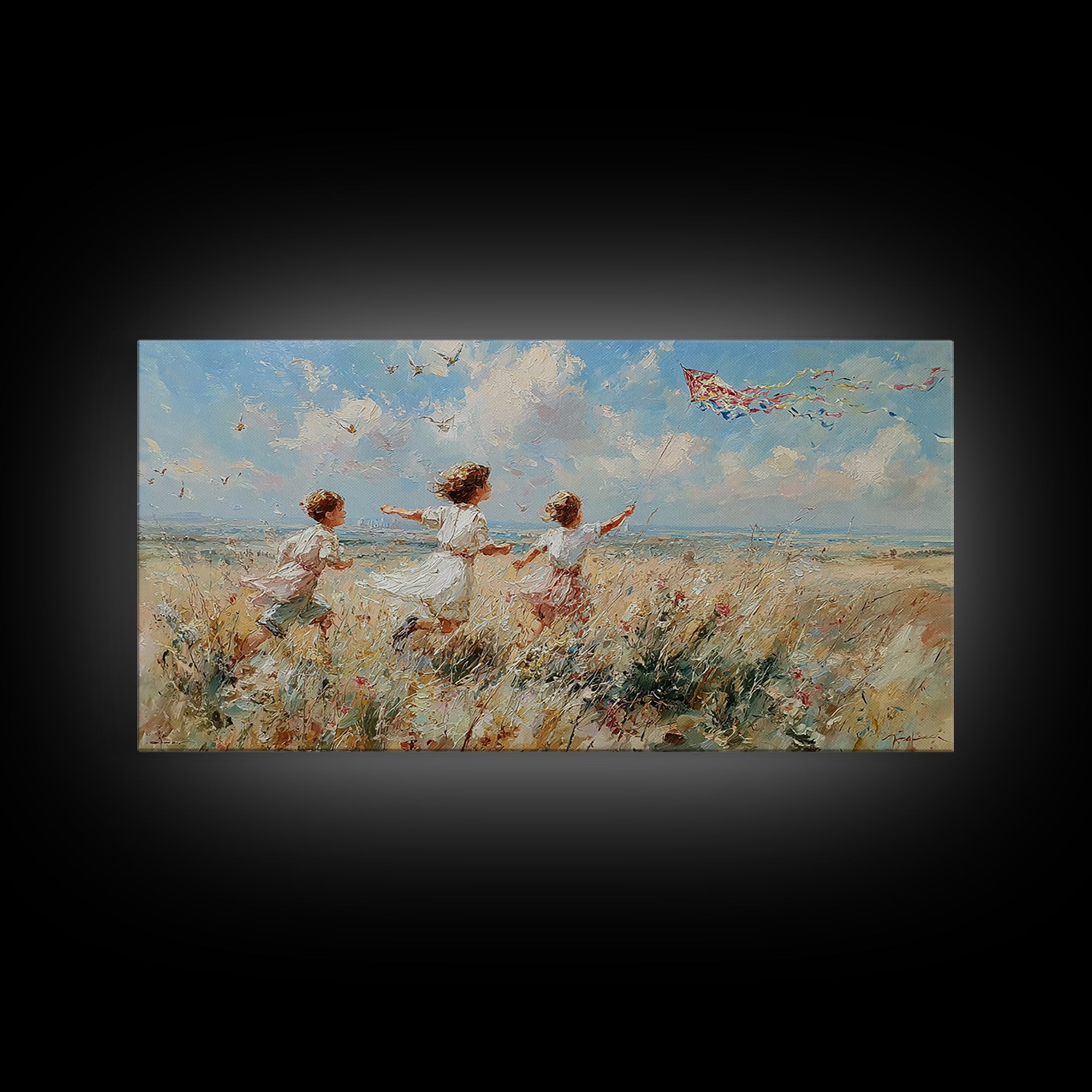 Children Running Through Meadow Canvas Print, Kite Flying Wall Art, Impressionist Landscape, Playroom Decor, Gift For Her