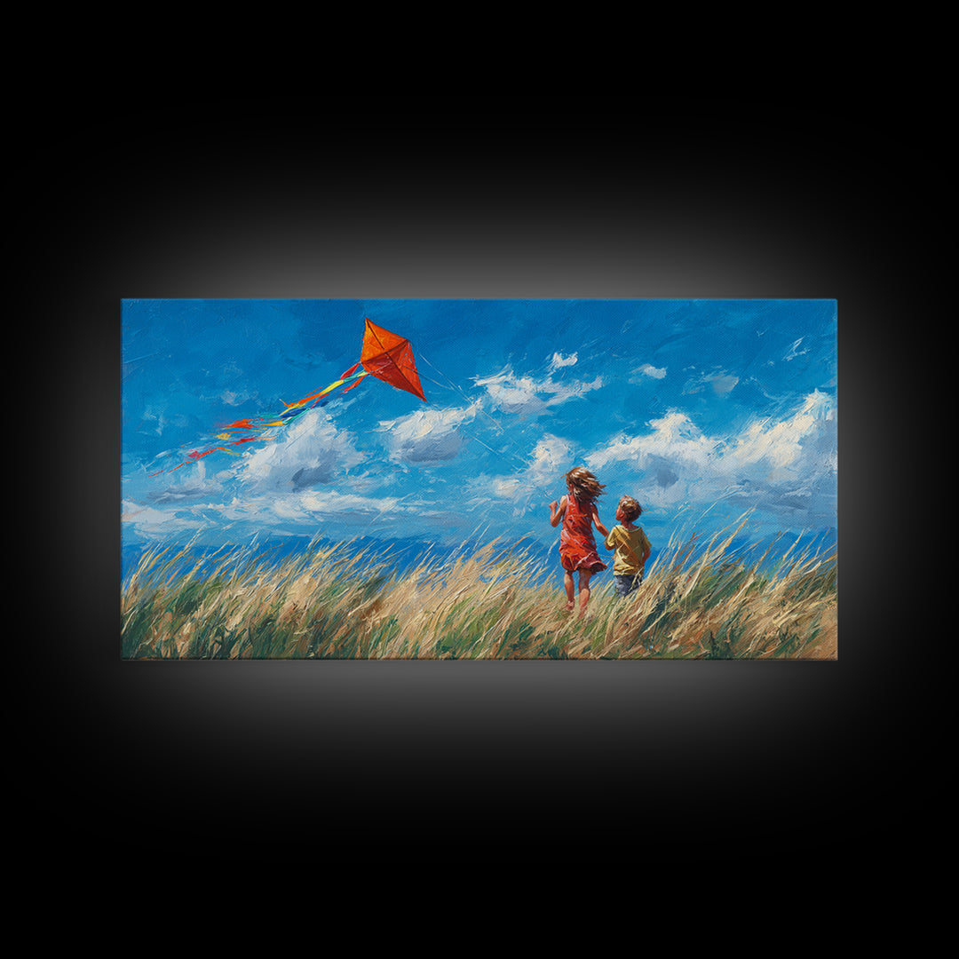 Two Children Flying Red Kite Canvas Print, Bright Blue Sky Wall Art, Summer Meadow Decor, Kids Room Art, Gift For Mom, Home Decor