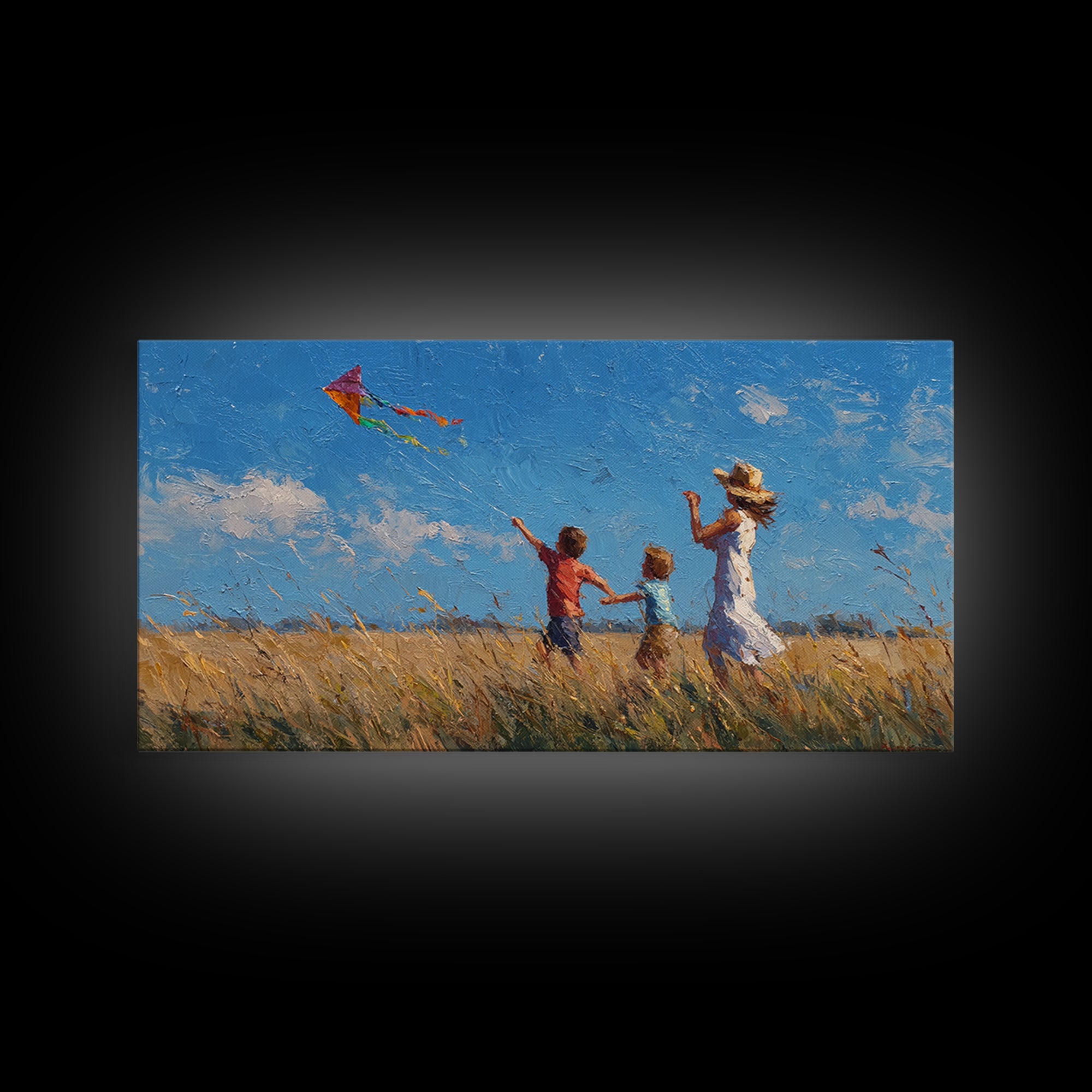 Mother And Sons Flying Kite Canvas Print, Sunny Grassland Wall Art, Family Home Decor, Nursery Art, Housewarming Gift For Mom