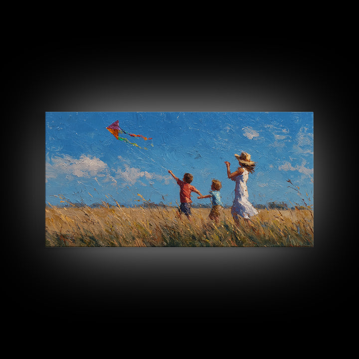 Mother And Sons Flying Kite Canvas Print, Sunny Grassland Wall Art, Family Home Decor, Nursery Art, Housewarming Gift For Mom