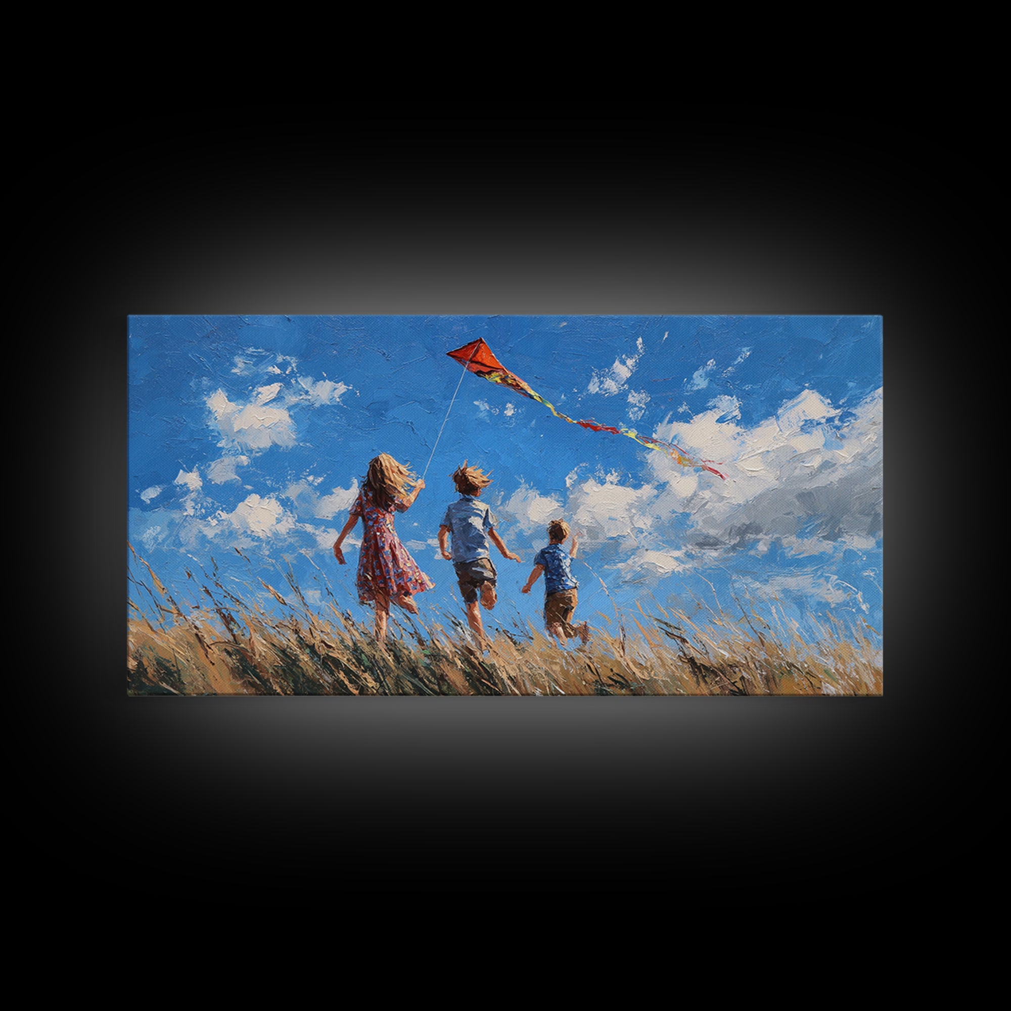 Three Children Chase Red Kite Canvas Print, Breezy Summer Field Wall Art, Kids Room Decor, Coastal Landscape Gift For Her