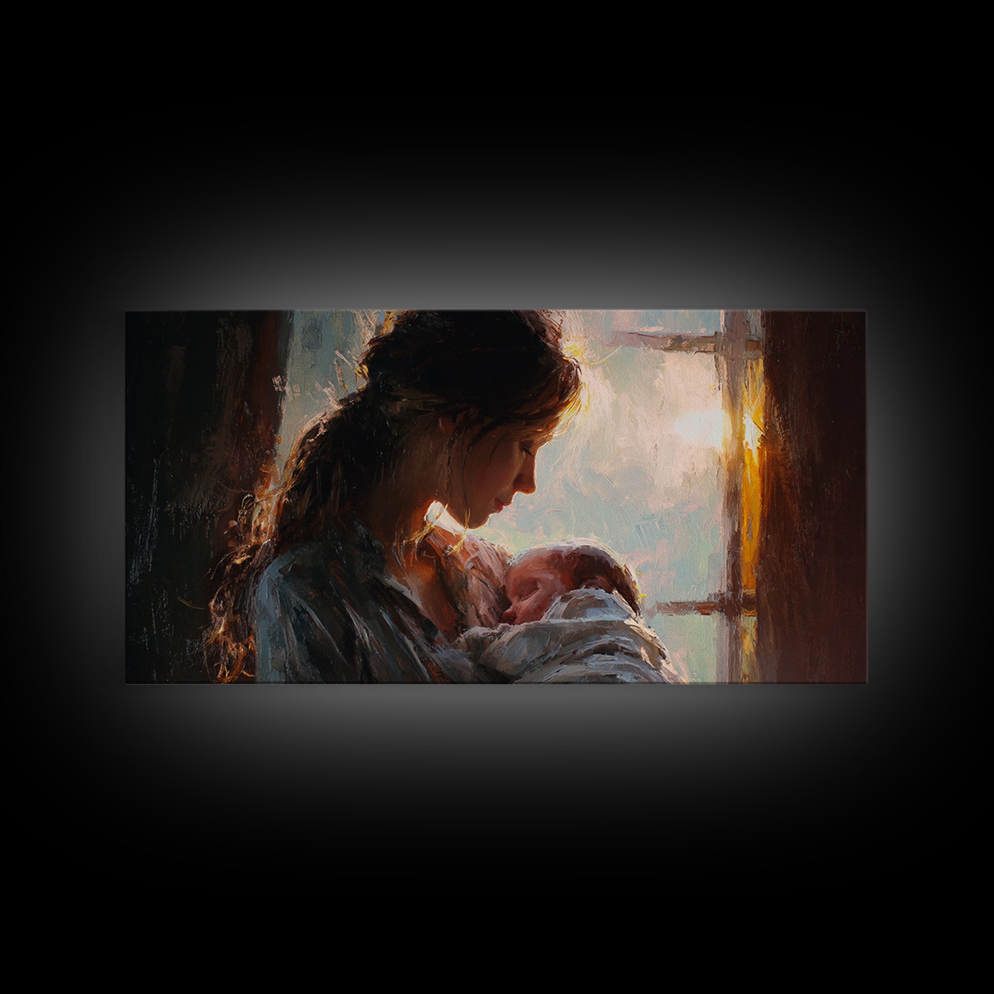 Mother Nursing Baby By Window Canvas Print, Warm Newborn Wall Art, Moody Nursery Decor, Gift For Her, Bedroom Wall Decor