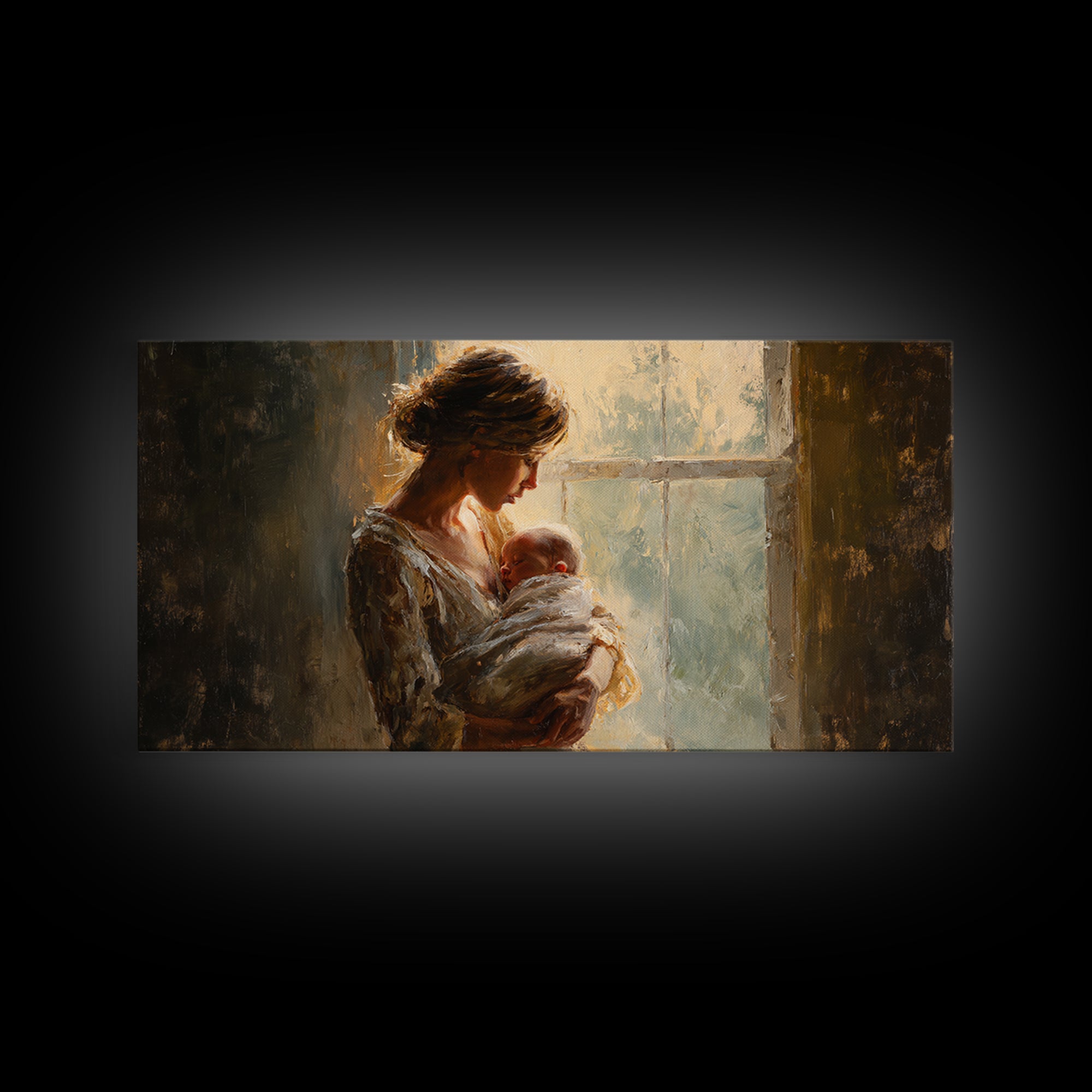 Mother Holding Newborn By Window Canvas Print, Tender Nursery Wall Art, Warm Bedroom Decor, Baby Shower Gift For Mom, Home Decor