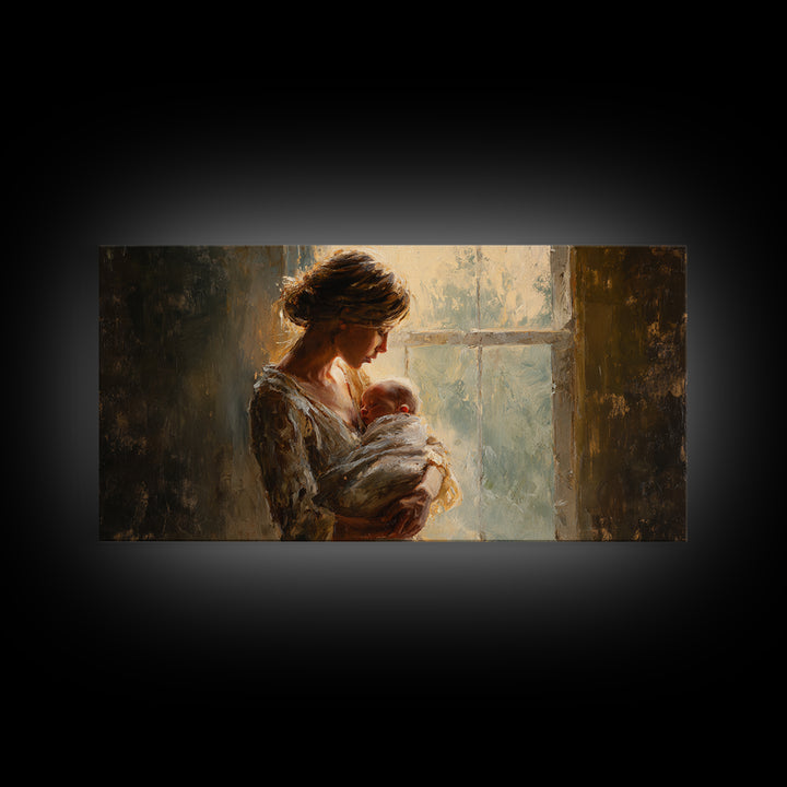 Mother Holding Newborn By Window Canvas Print, Tender Nursery Wall Art, Warm Bedroom Decor, Baby Shower Gift For Mom, Home Decor