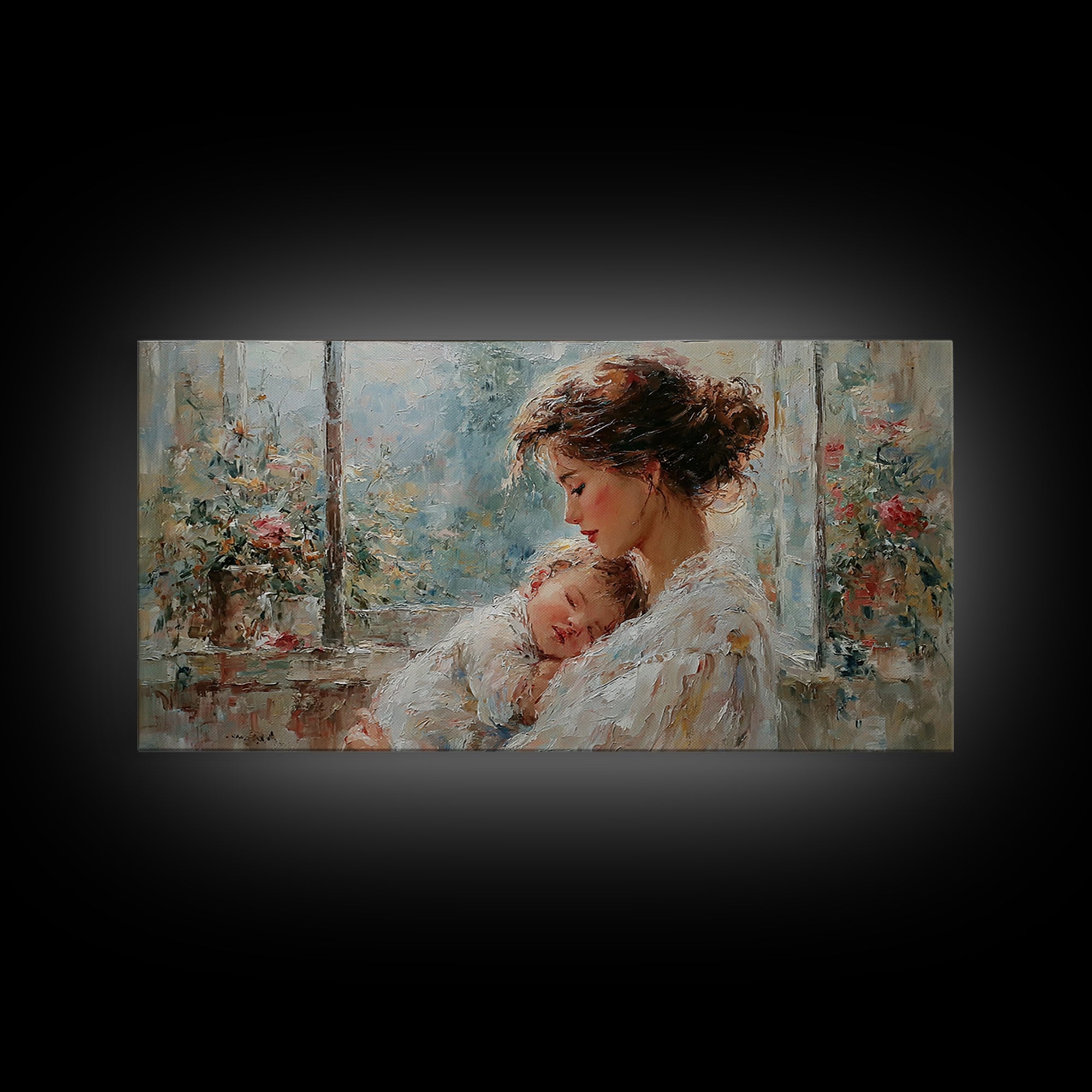 Tender Mother And Baby By Rainy Window Canvas Print, Impressionist Nursery Wall Art, Floral Bedroom Decor, New Mom Gift, Home Decor