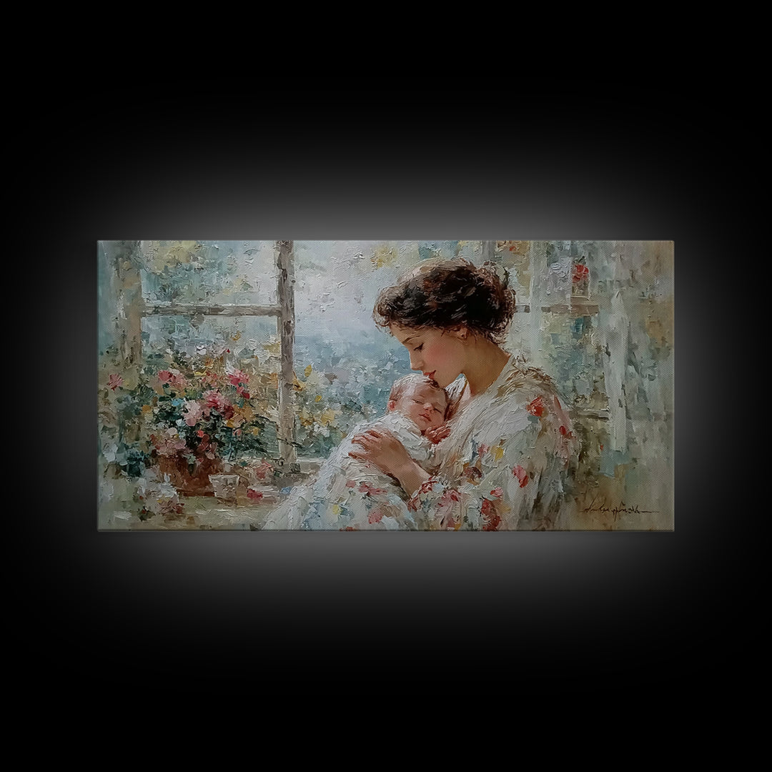 Mother Kissing Newborn By Garden Window Framed Canvas Print, Impressionist Nursery Wall Art, Floral Home Decor Gift For Her