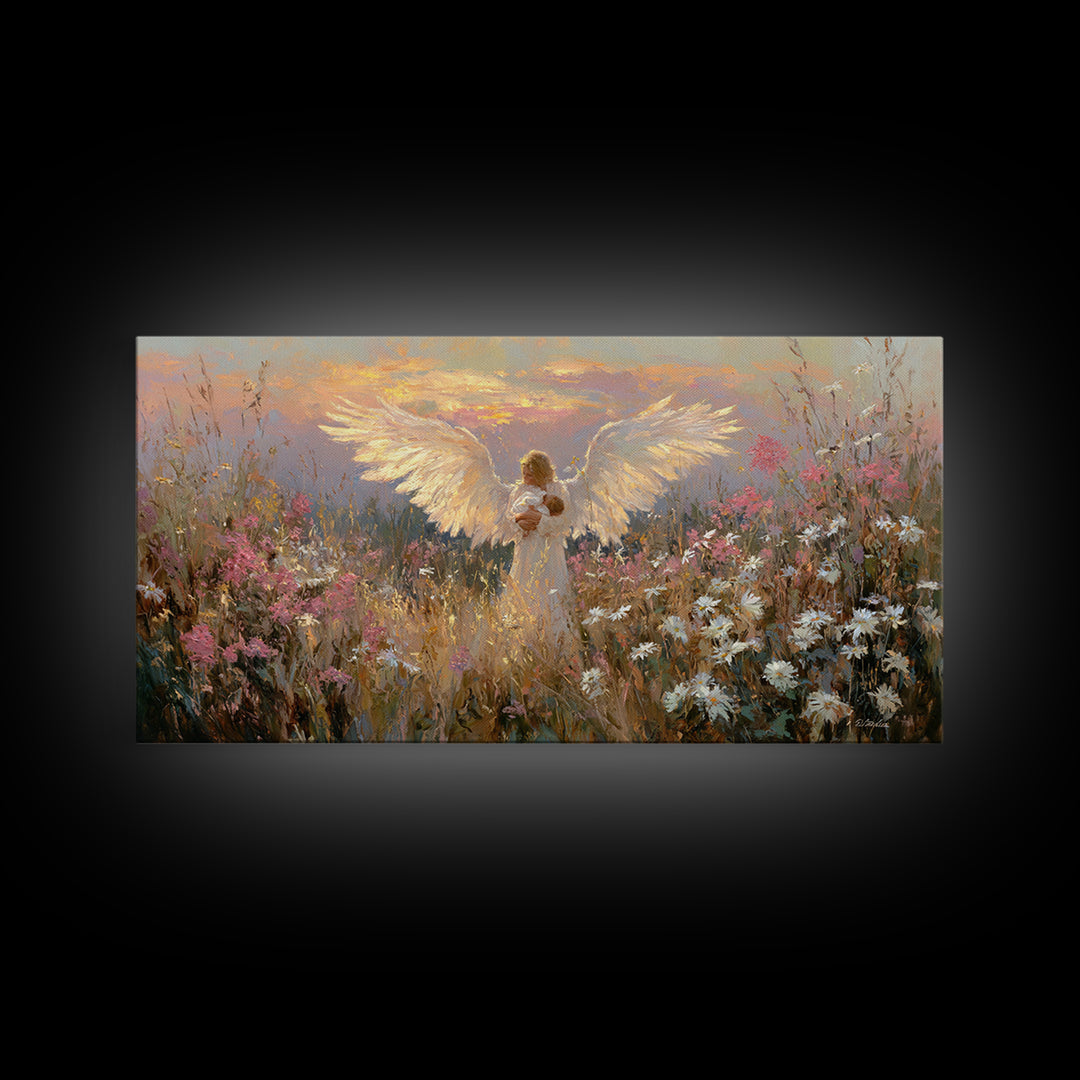 Glowing Guardian Angel Holding Baby At Sunset Canvas Print, Spiritual Wall Art, Wildflower Meadow Decor, Christian Gift Idea