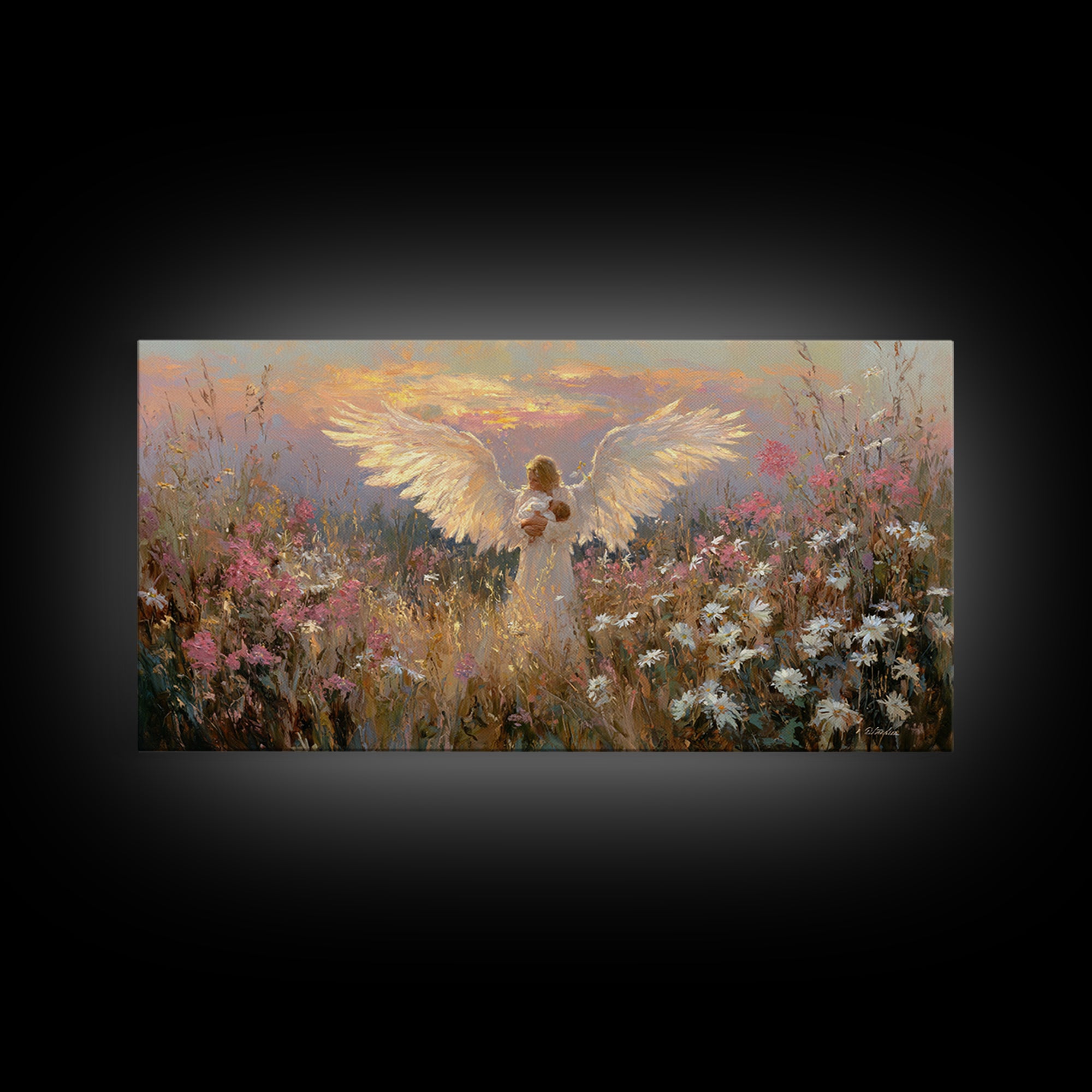 Glowing Guardian Angel Holding Baby At Sunset Canvas Print, Spiritual Wall Art, Wildflower Meadow Decor, Christian Gift Idea
