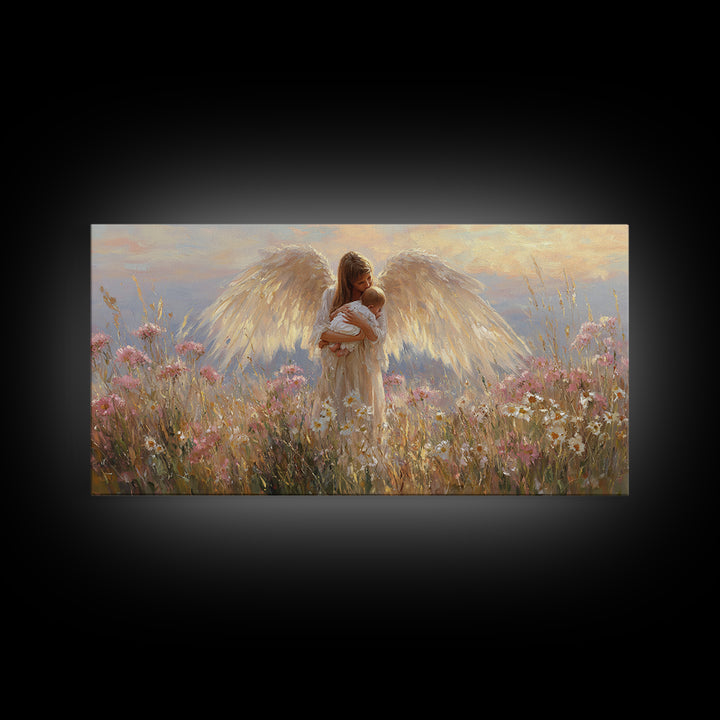 Radiant Angel Cradling Infant In Wildflower Field Canvas Print, Christian Wall Art, Spiritual Nursery Decor, Baby Shower Gift