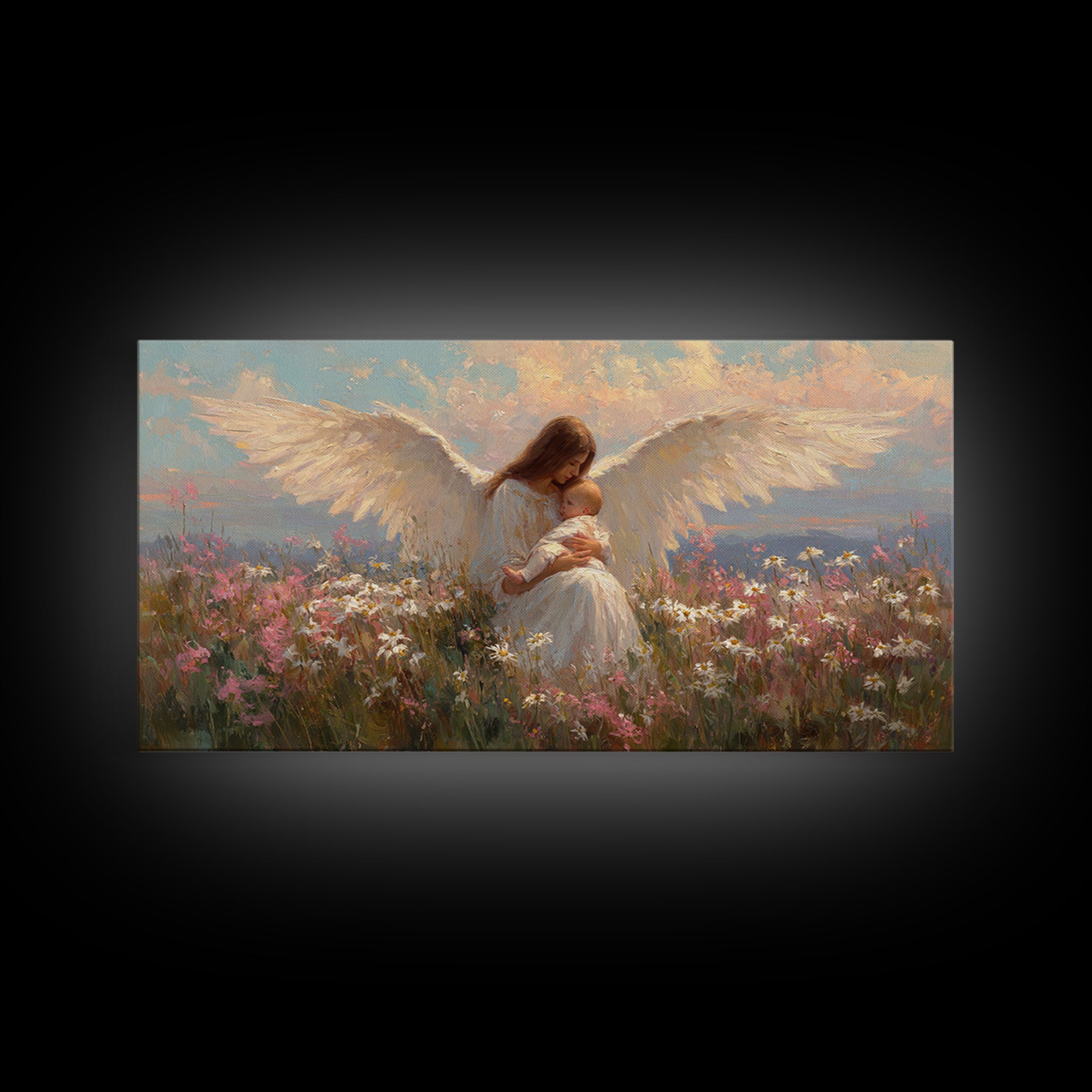 Angel Mother Nursing Baby Among Wildflowers Framed Canvas Print, Spiritual Wall Art, Christian Nursery Decor, Gift For Mom