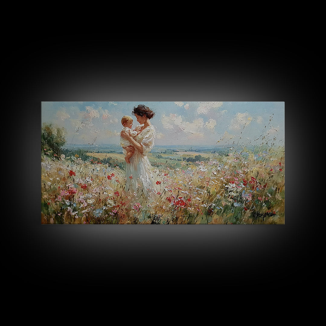 Mother And Toddler In Blooming Meadow Canvas Print, Impressionist Wall Art, Floral Nursery Decor, Living Room Wall Art Print