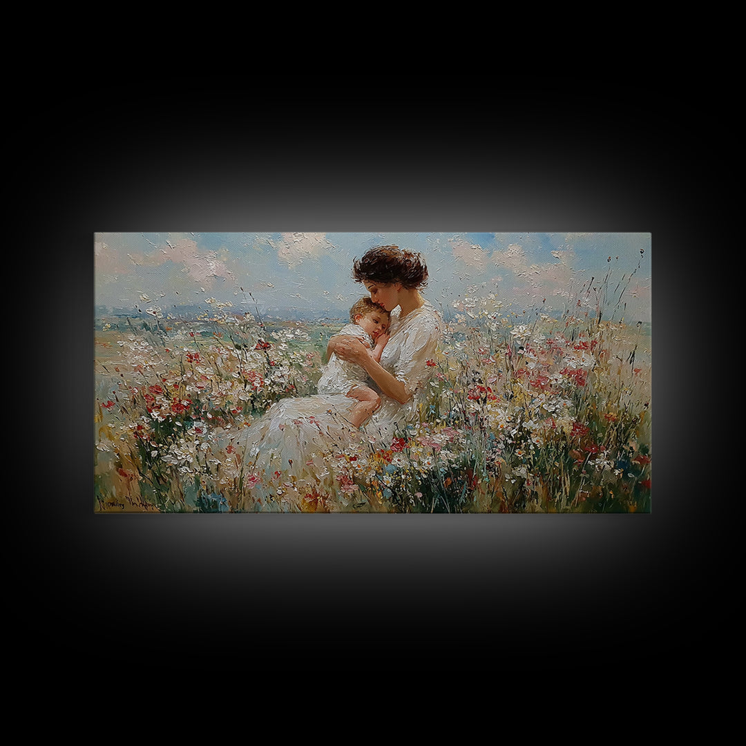 Seated Mother Holding Sleeping Child In Flower Field Canvas Print, Impressionist Wall Art, Nursery Decor, Housewarming Gift