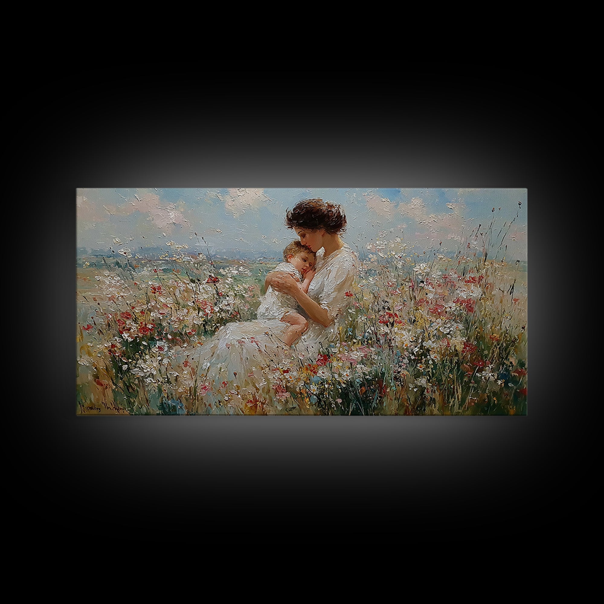 Seated Mother Holding Sleeping Child In Flower Field Canvas Print, Impressionist Wall Art, Nursery Decor, Housewarming Gift