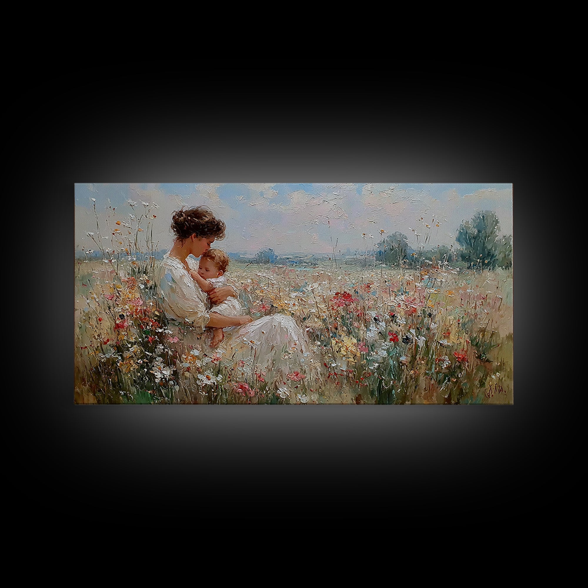 Mother And Baby Resting In Wildflower Meadow Framed Canvas Print, Impressionist Wall Art, Floral Nursery Decor, Gift For Her