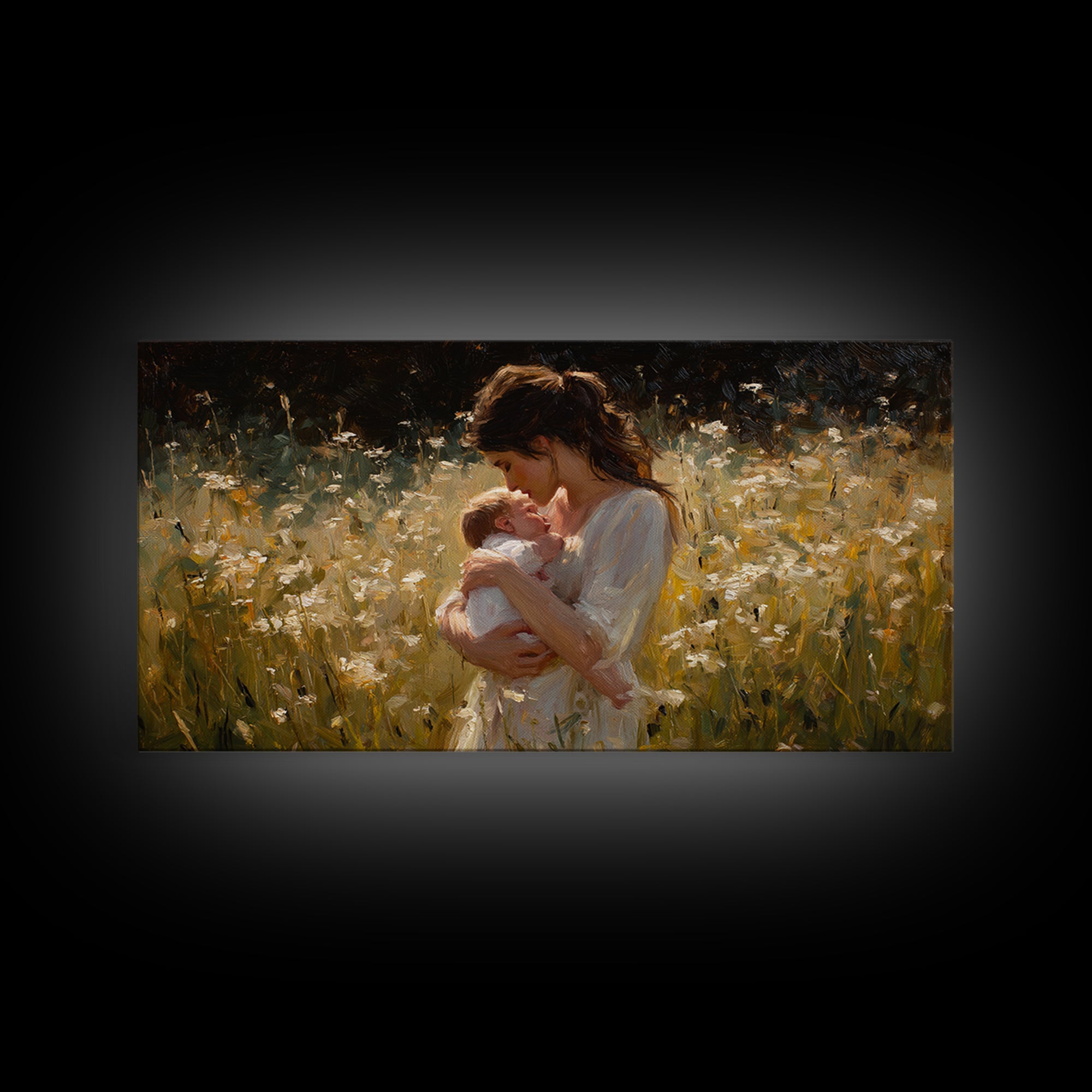 Tender Mother And Baby In White Wildflower Meadow Canvas Print, Impressionist Nursery Wall Art, Gift For Mom, Bedroom Decor