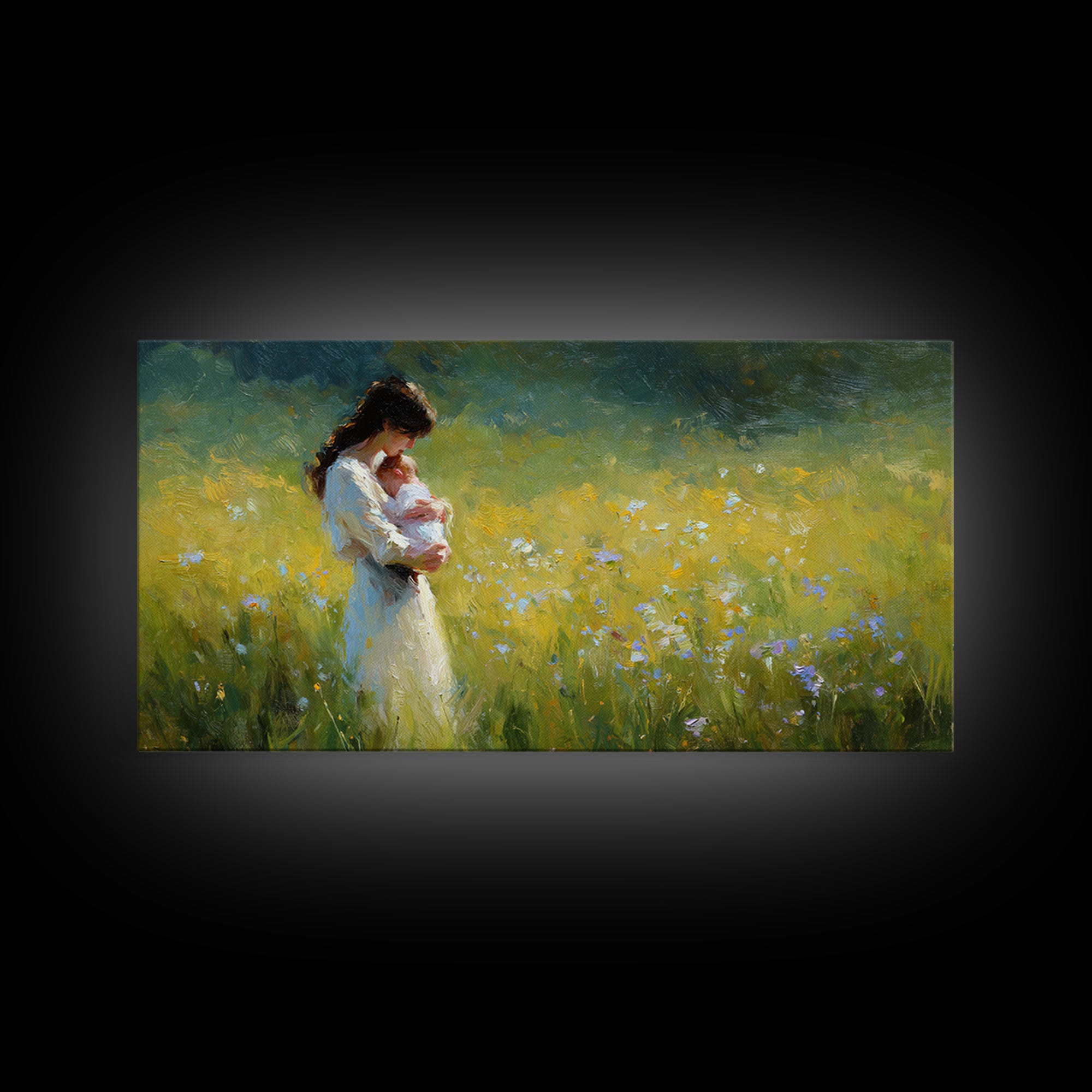 Mother Holding Newborn In Sunny Wildflower Field Framed Canvas Print, Impressionist Wall Art, Nursery Decor, Gift For Mom