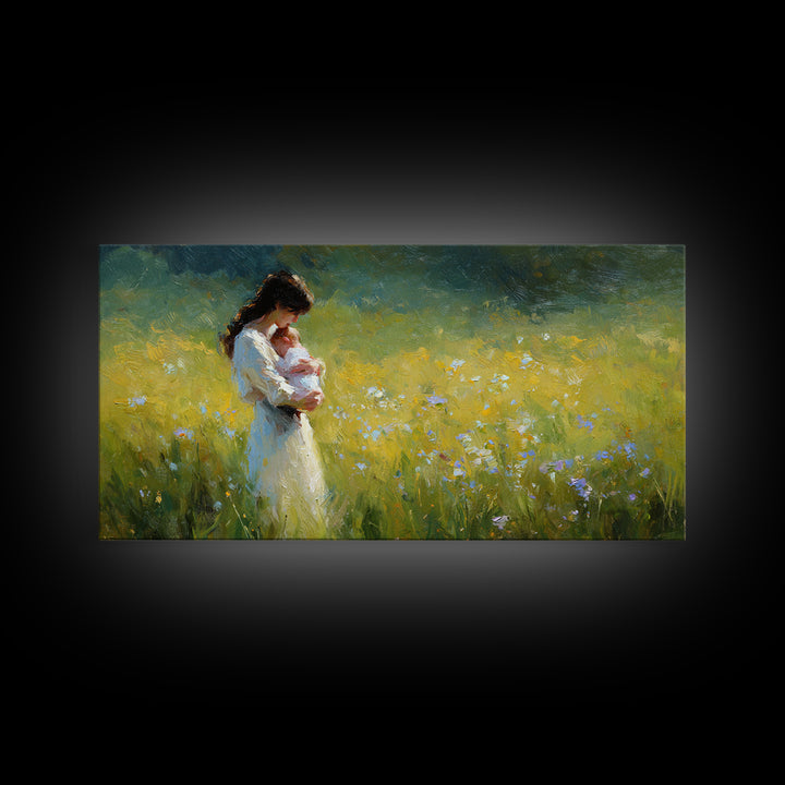 Mother Holding Newborn In Sunny Wildflower Field Framed Canvas Print, Impressionist Wall Art, Nursery Decor, Gift For Mom